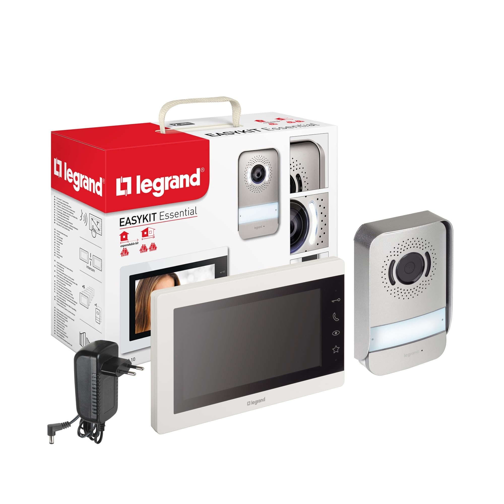 LEGRAND, EASYKIT Essential 367910 - Kit videocitofono a 2 fili, monitor a colori da 7" e fotocamera grandangolare, 1/2 famiglia, espandibile, IP54-IK07, colore: Bianco