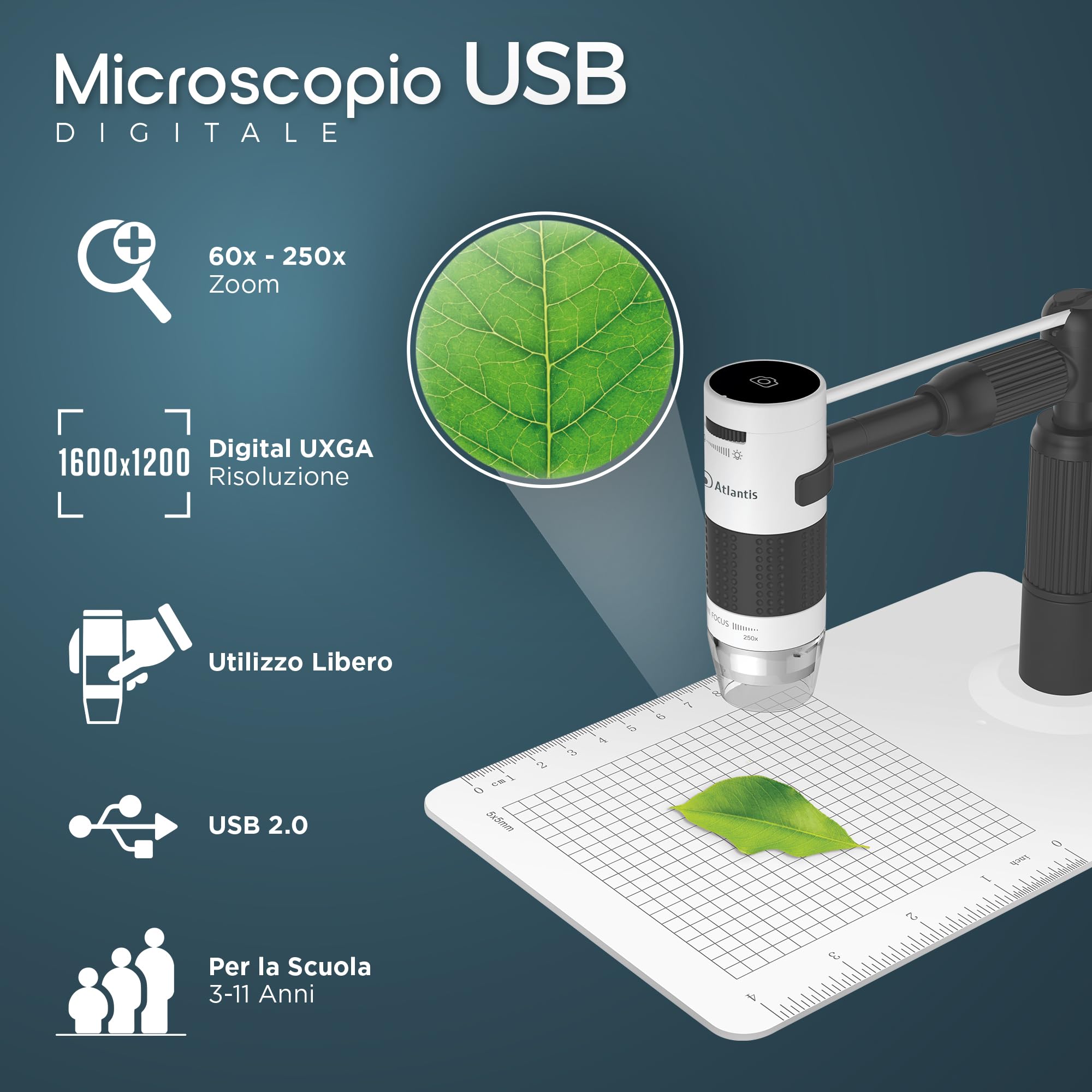 Microscopio Digitale USB Magnificatore Ingranditore Atlantis E45-MS725, Risoluzione UXGA 1600x1200. Doppio fuoco, ingrandimento 60x e 250x. Regolazione millimetrica altezza e lunghezza, PC,MAC Android