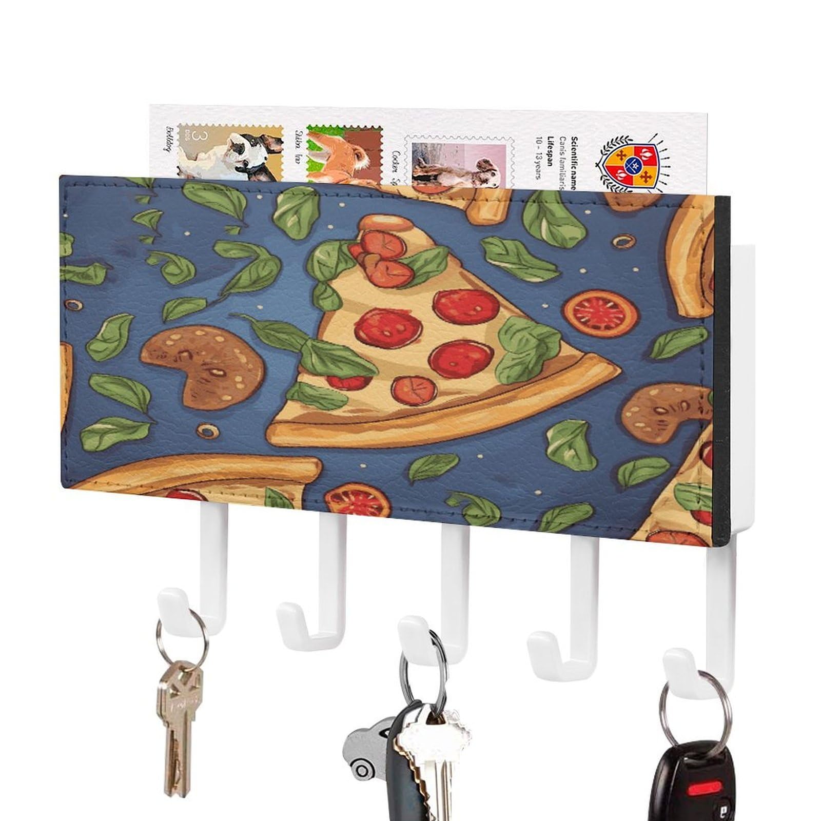 FekiLoot Pizza Key Holder for Wall Decorative Mail Organizer with 5 Key Hook Self Adhesive Key Rack with Tray Coat Rack Wall Mount Key Hanger Decor for Entryway Door