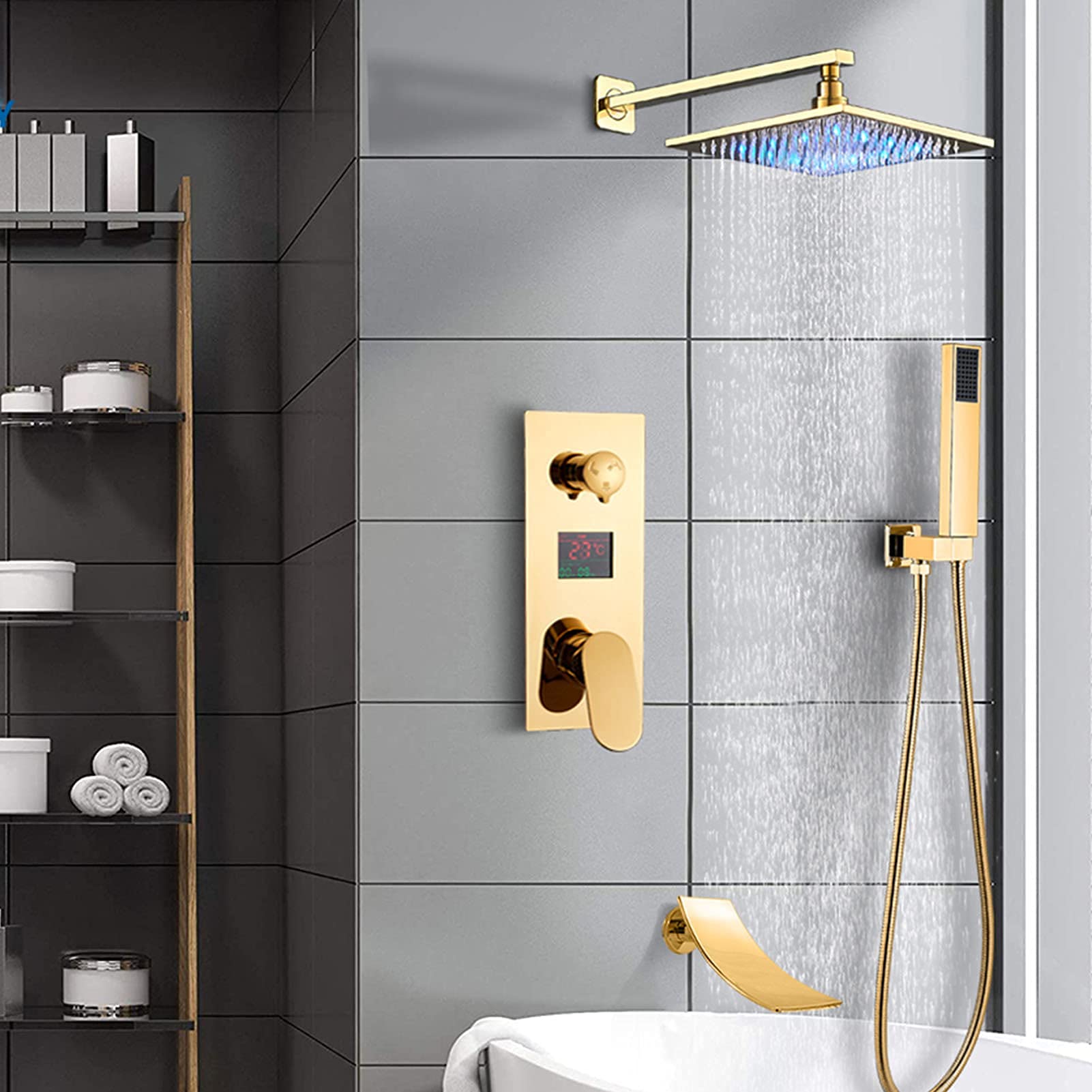 Sistema doccia dorato con ugello per vasca da bagno, soffione doccia a LED con doccetta, set di rubinetto per doccia montato a parete, display a LED di temperatura, 30,5 cm