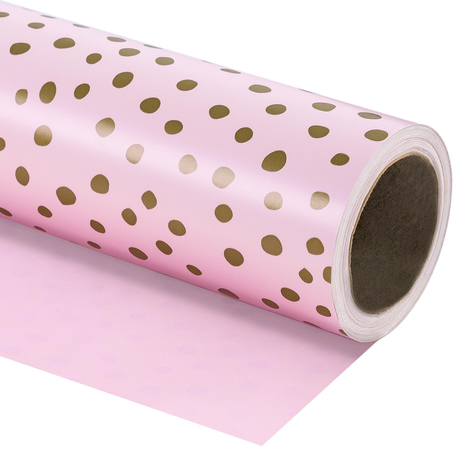 RUSPEPA Reversible Wrapping Paper - Mini Roll - 43.2cm x 10m - Pink Print and Gold Delicate Polka Dots Design for Birthday, Wedding, Baby Shower
