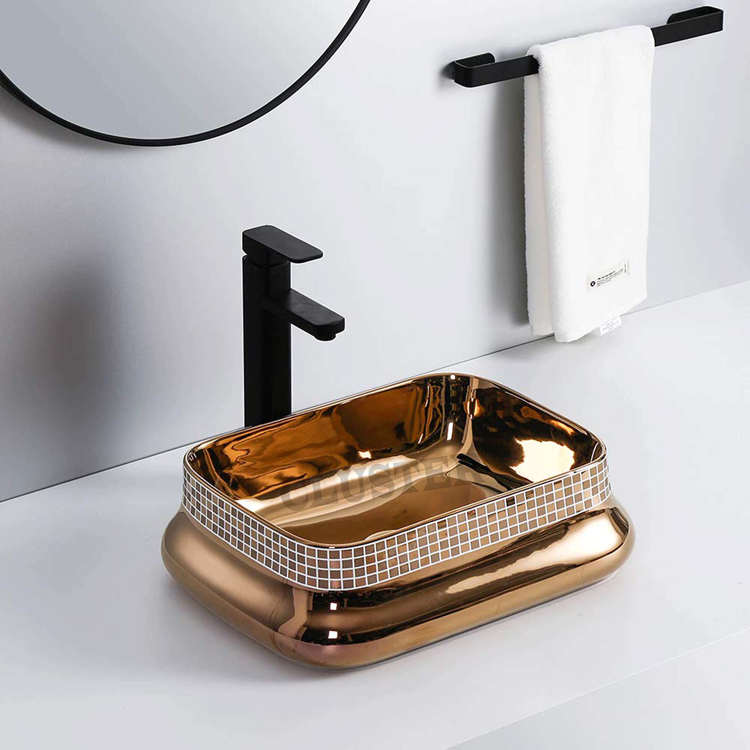 CLUSTER Designer Glossy Ceramic Table Top/Counter Top/Wash Basin For Bathroom And Livingroom Decor, Rose Gold (Rectangular Shape Basin 18 x 14 x 5.3 Inch) (CLTT-085) 1