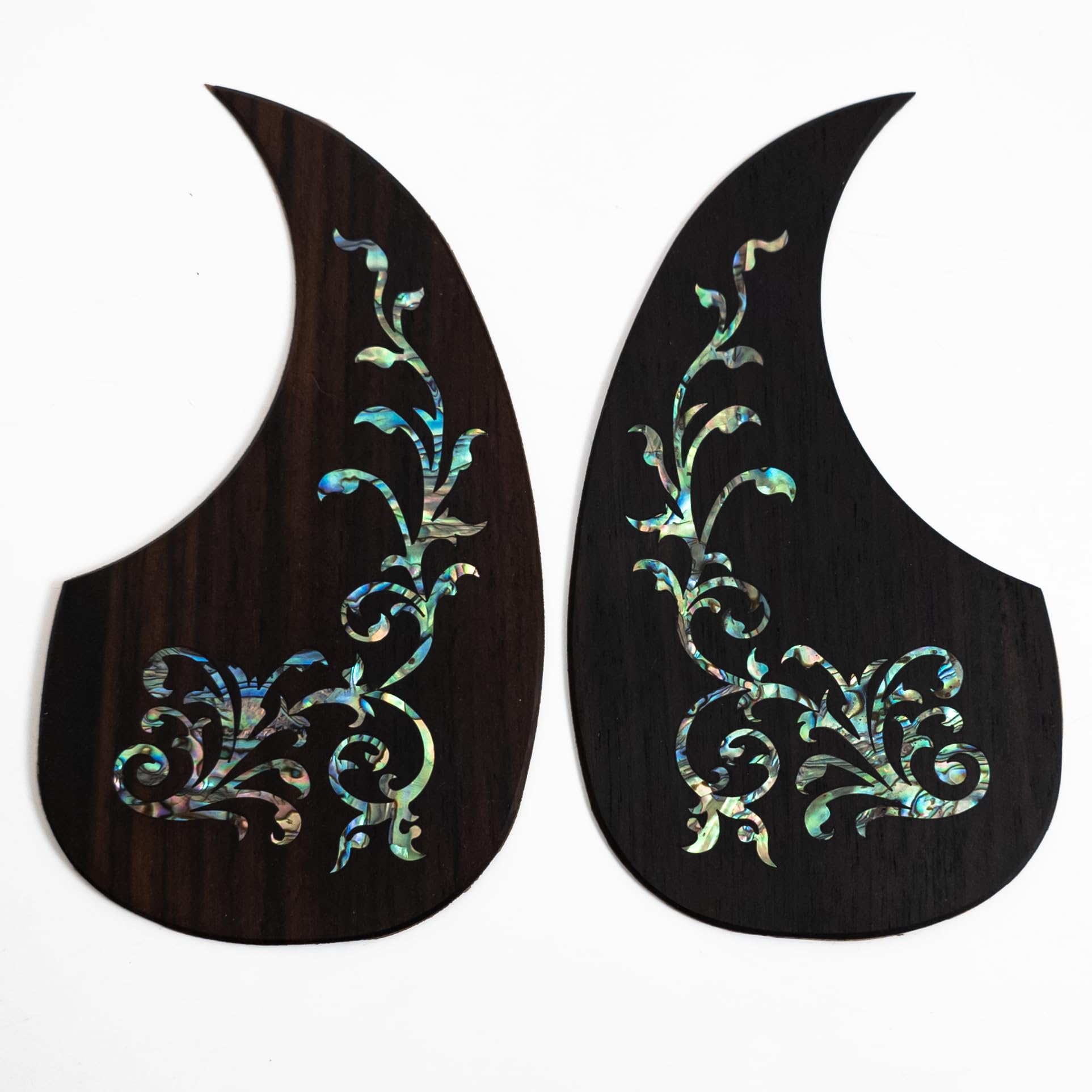 Battipenna in palissandro per chitarra acustica stile Martin D45, intarsio in vero abalone aurora, retro autoadesivo 3M, piastra antigraffio con bordo smussato, set completo (sinistra e destra)