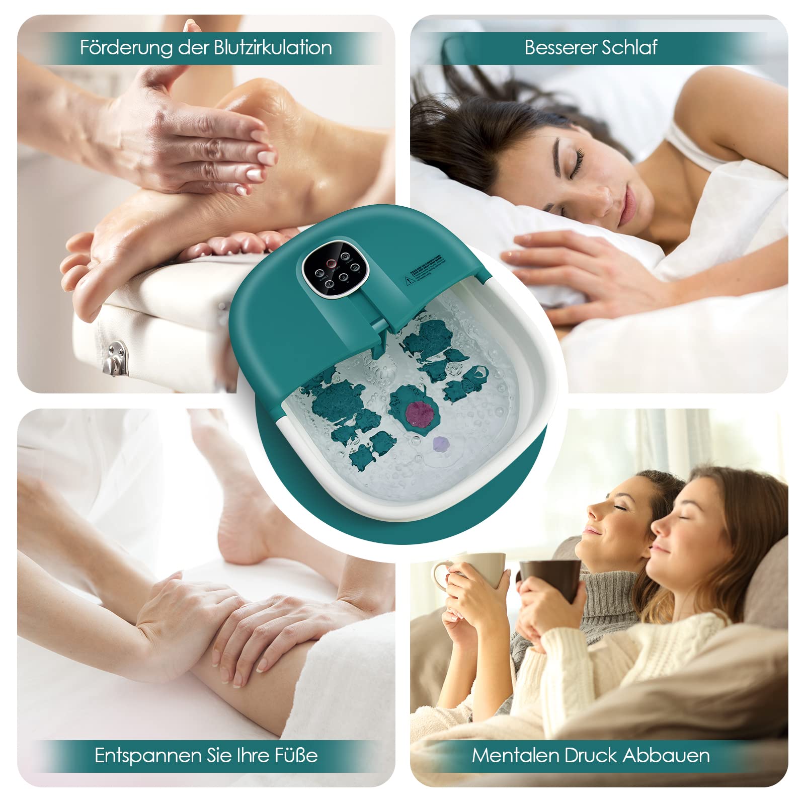 GOPLUS Fußbadwanne klappbar, elektrisches Fußmassagebad mit Massage & Heizung,16 Shiatsu-Massagerollen & Bimsstein, 3 stüfige Temperatur und Timer, Fußbad Massagegerät für Zuhause (Türkis)