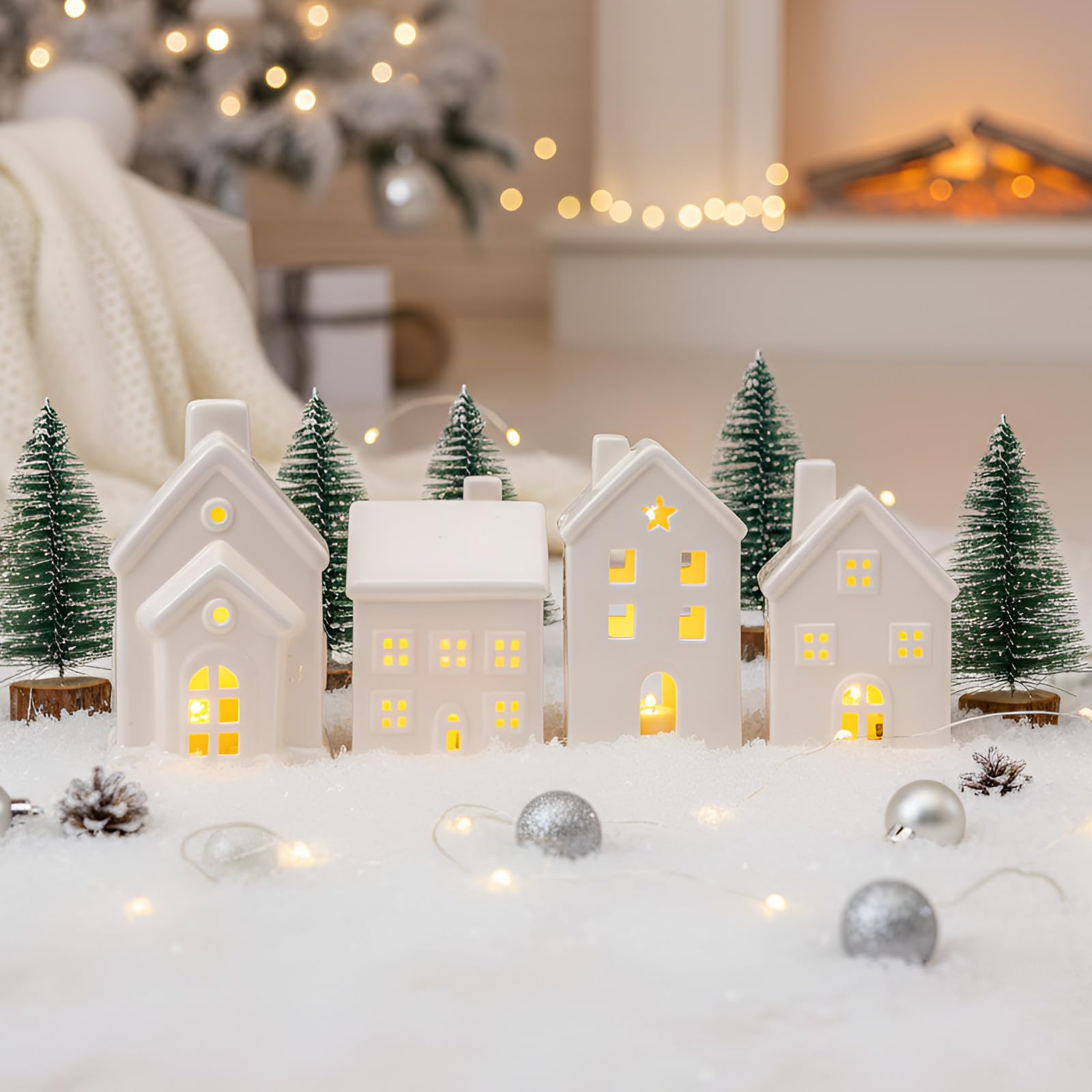 Wesiti Lot de 9 maisons de village de Noël en céramique blanche pure | Mini sapin de Noël lumineux à DEL, accessoire d'hiver, figurine décorative pour Noël, bureau, maison, table, chambre