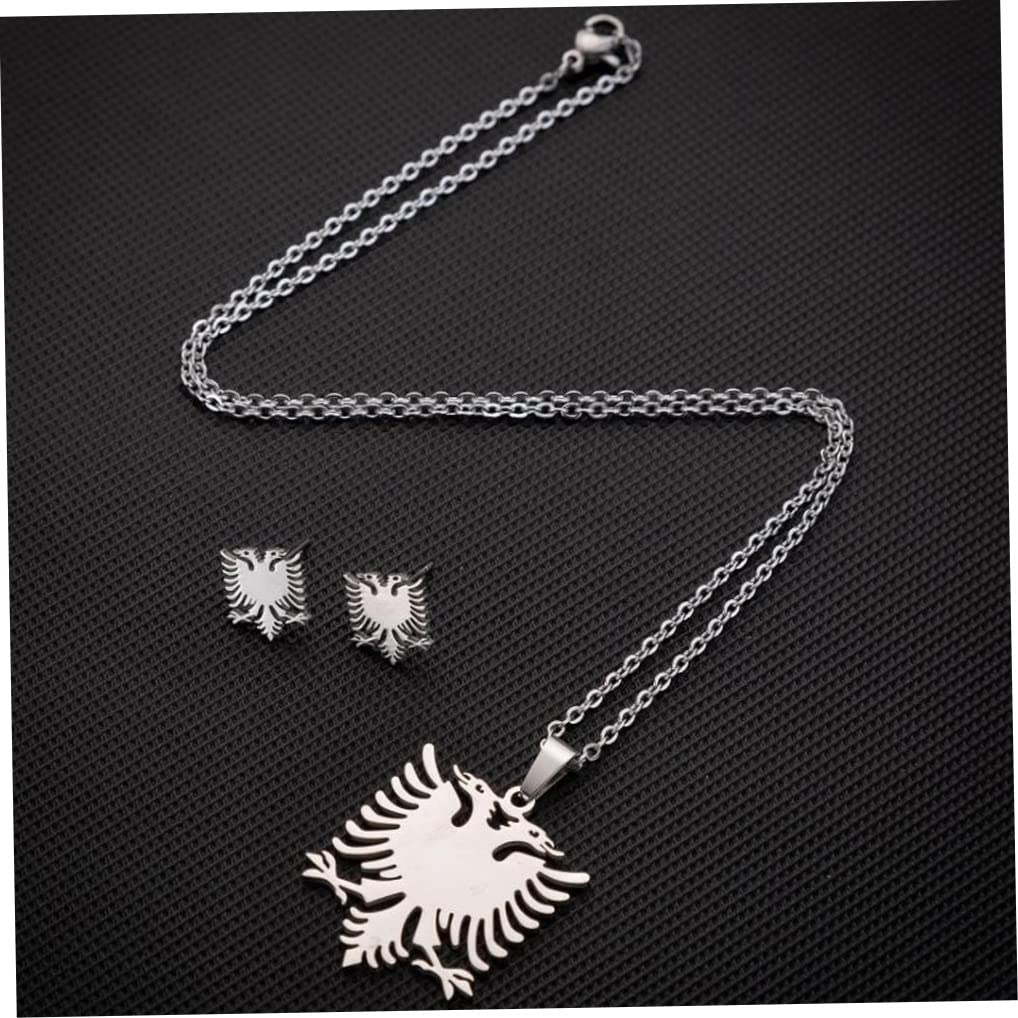 Kit collana con ciondolo orecchini in acciaio inossidabile lucido con aquila albanese, accessori di gioielli per donna uomo (1 paio di orecchini, 1 collana)