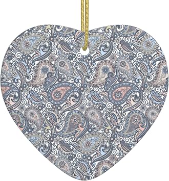 Pastel Purple Coral Pink Paisley Art Christmas Ceramic Heart Pendant, Suitable for Home Decoration
