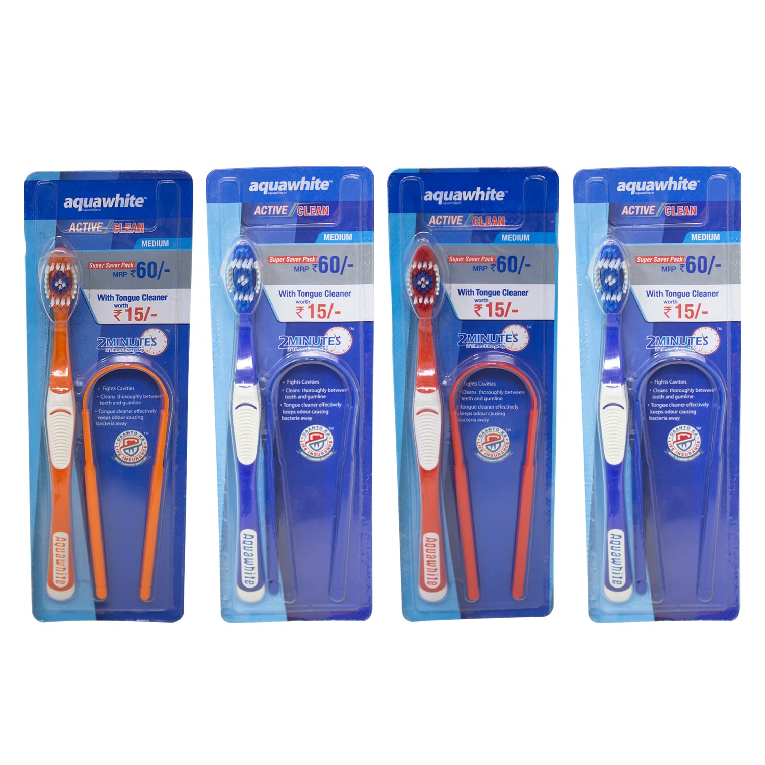 Adult Active Clean Manual Toothbrush With Tongue Cleaner, Medium Bristles, Pack Of 4 (Multi Color)