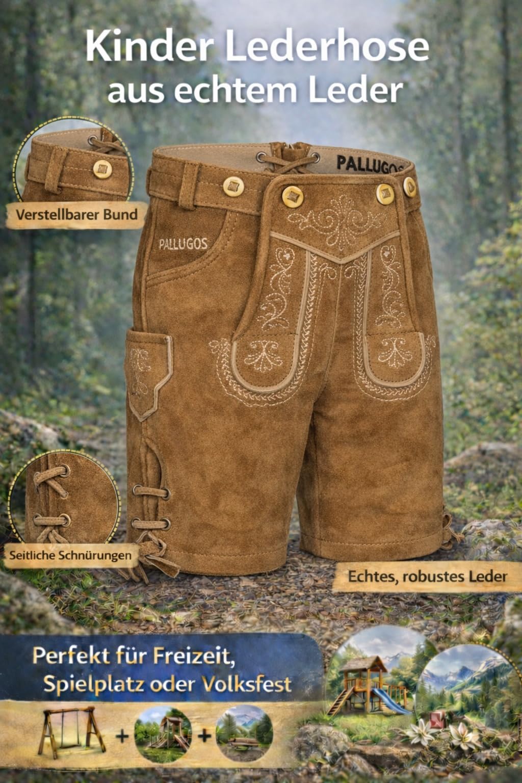 PAULGOS Kinder Trachten Lederhose KK1 + Träger, Echtes Leder, Gr. 86-164