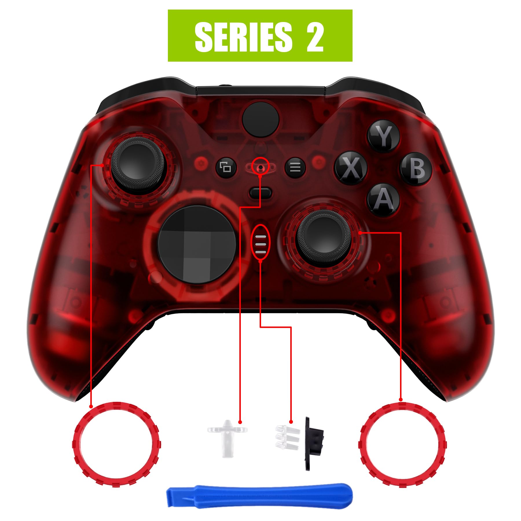 eXtremeRate Clear Red Replacement Faceplate Cover for Xbox One Elite Controller Series 2 (Model 1797), Custom DIY Front Housing Shell Case & Accent Rings for Xbox Elite Series 2 Core Controller - 5
