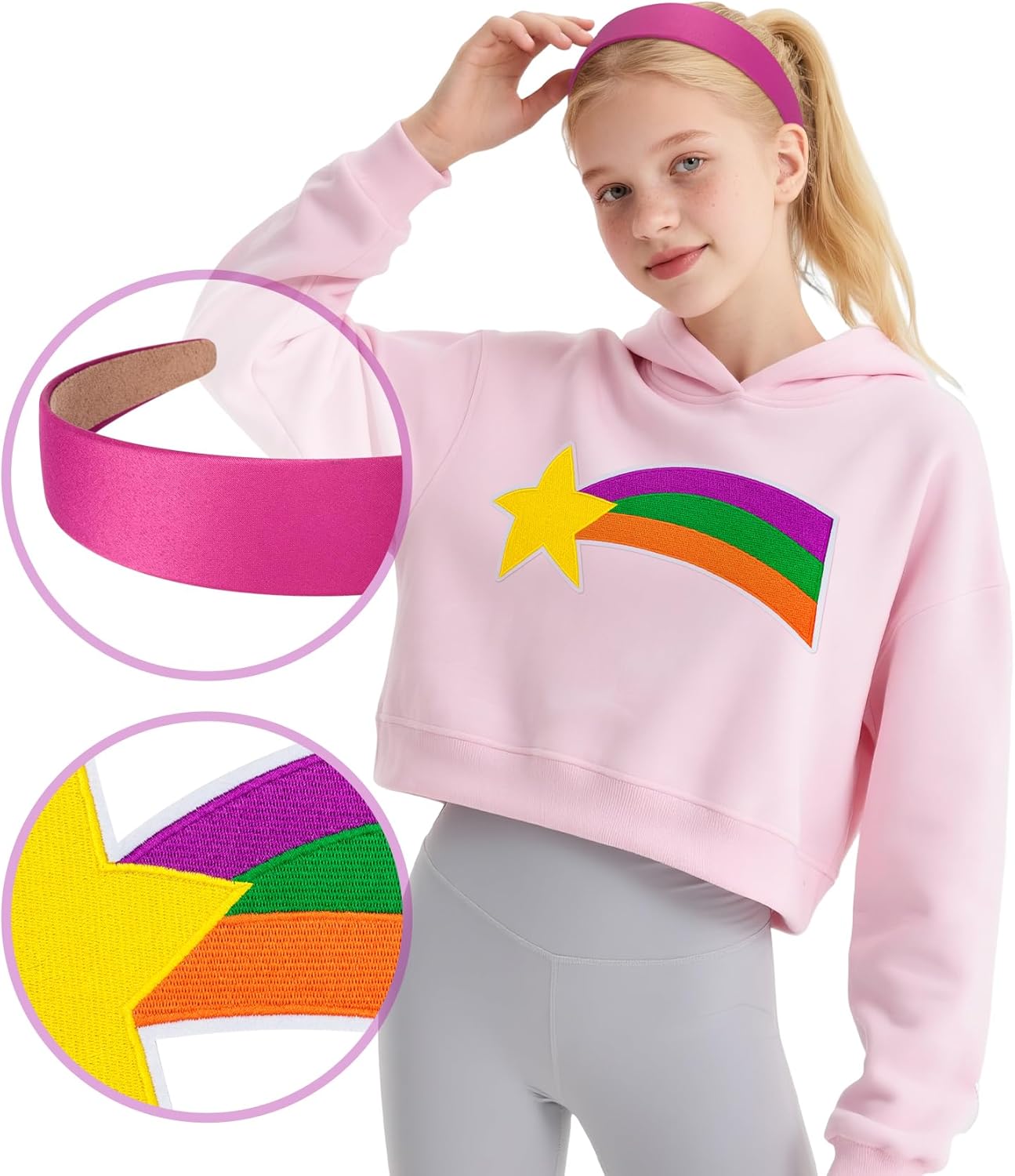 2Pcs Large Shooting Star Patch and Pink Satin Headband Rainbow Sweater Patch Halloween Cosplay Accessories for Women - Image 4