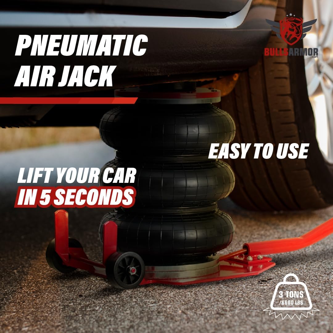 Air Jack 3 Ton (6,600 lbs) Capacity - Heavy Duty Triple Bag Pneumatic Air Bag Car Jack for Rapid Lift (Lifting Height Range: 5.5 – 15.8 inches) with Long Handle – Lava Red