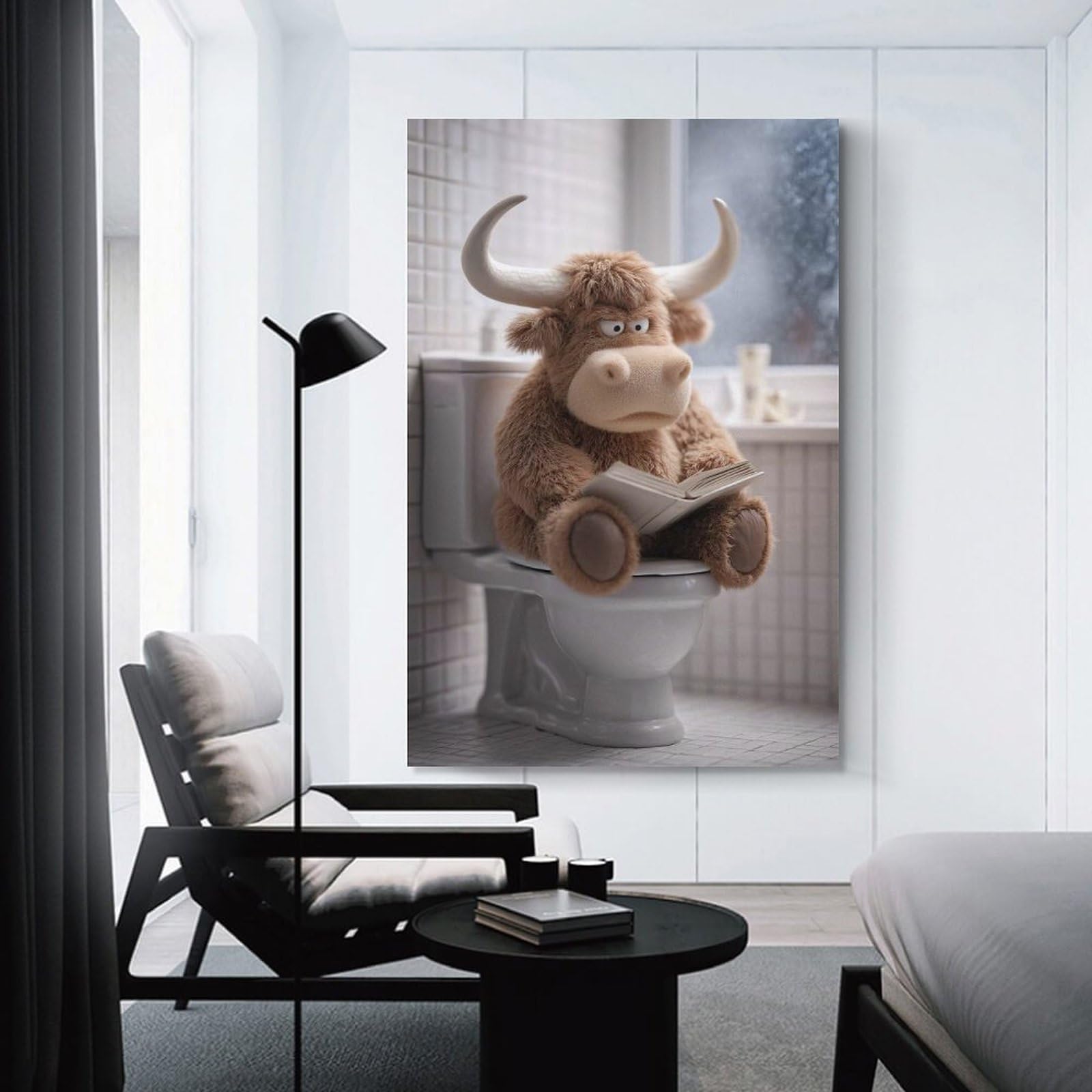 Junmoney Plush Highland Cow Reading on Toilet Canvas Wall Decor, 24x36inch(60x90cm), for Gallery Wall Decor And Room Displays, Wall Decor Suited to Curated Displays