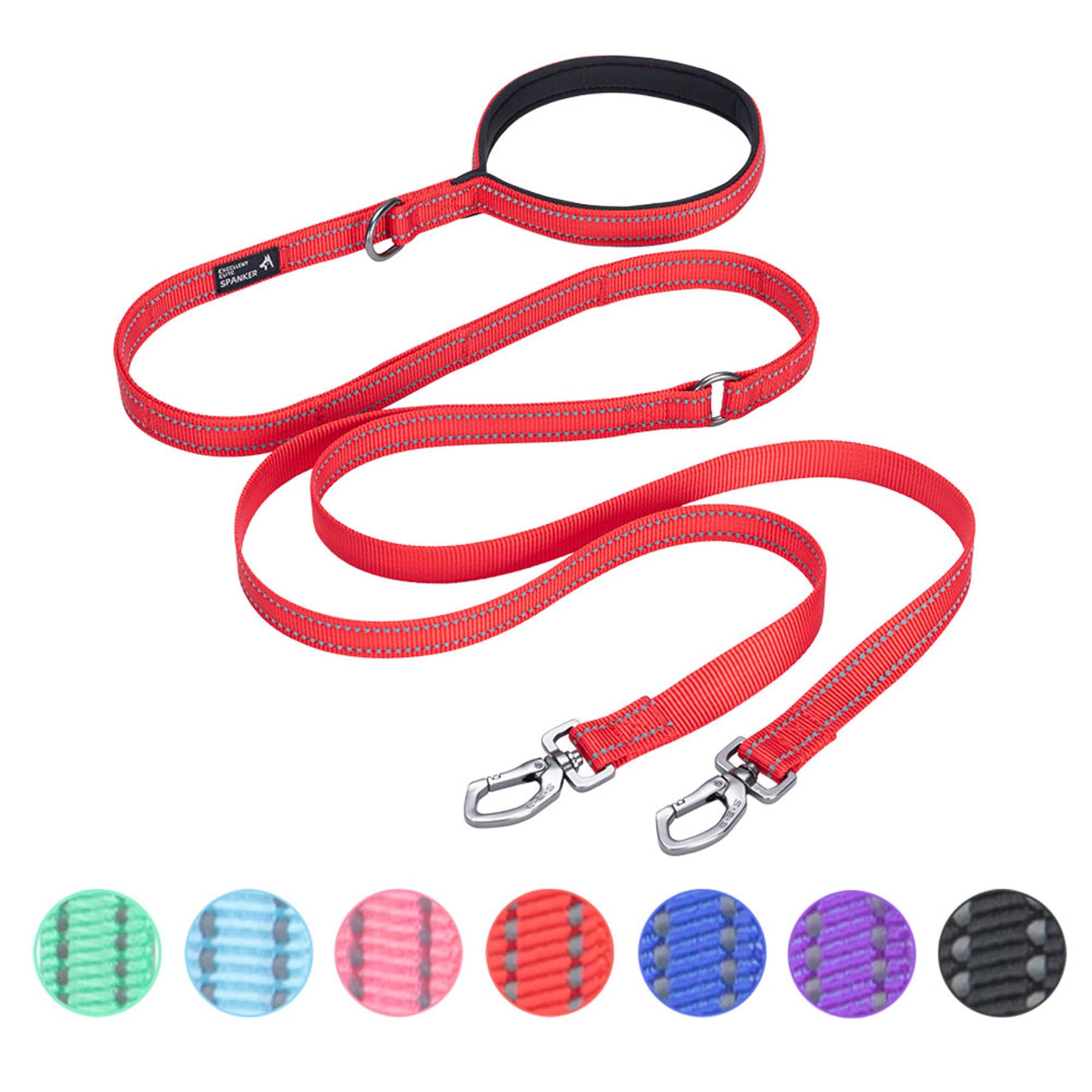 EXCELLENT ELITE SPANKER Guinzaglio doppio riflettente per cani doppio guinzaglio per cani 5 m multiplo con manico imbottito per due cani che camminano addestramento (rosso)