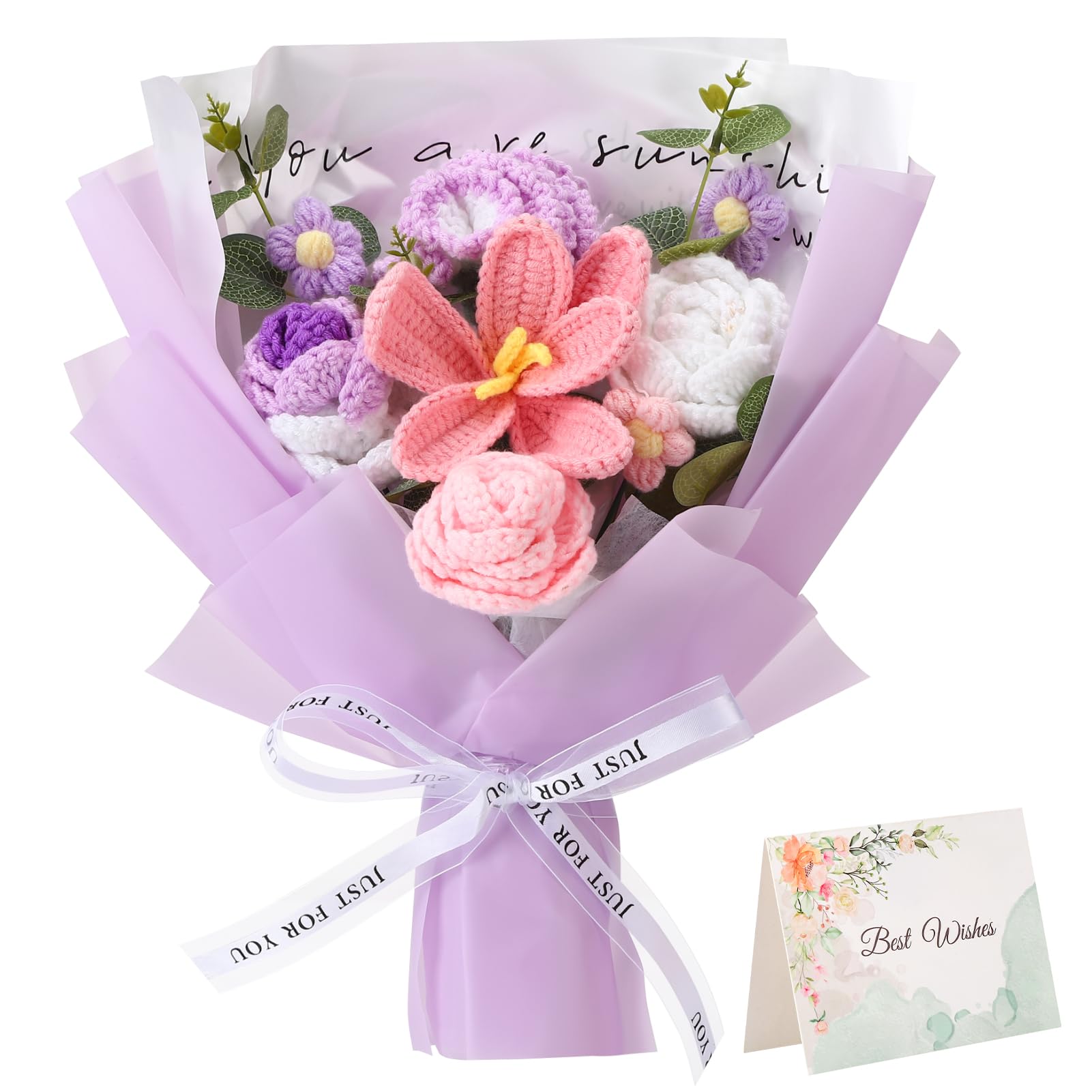 saerryor Crochet Flowers Bouquet, Hand Knitted Rose Crochet Flower Bouquet for Home Decor Anniversary Weddings Birthdays Mother's Day Graduation Gifts with Greeting Card Purple