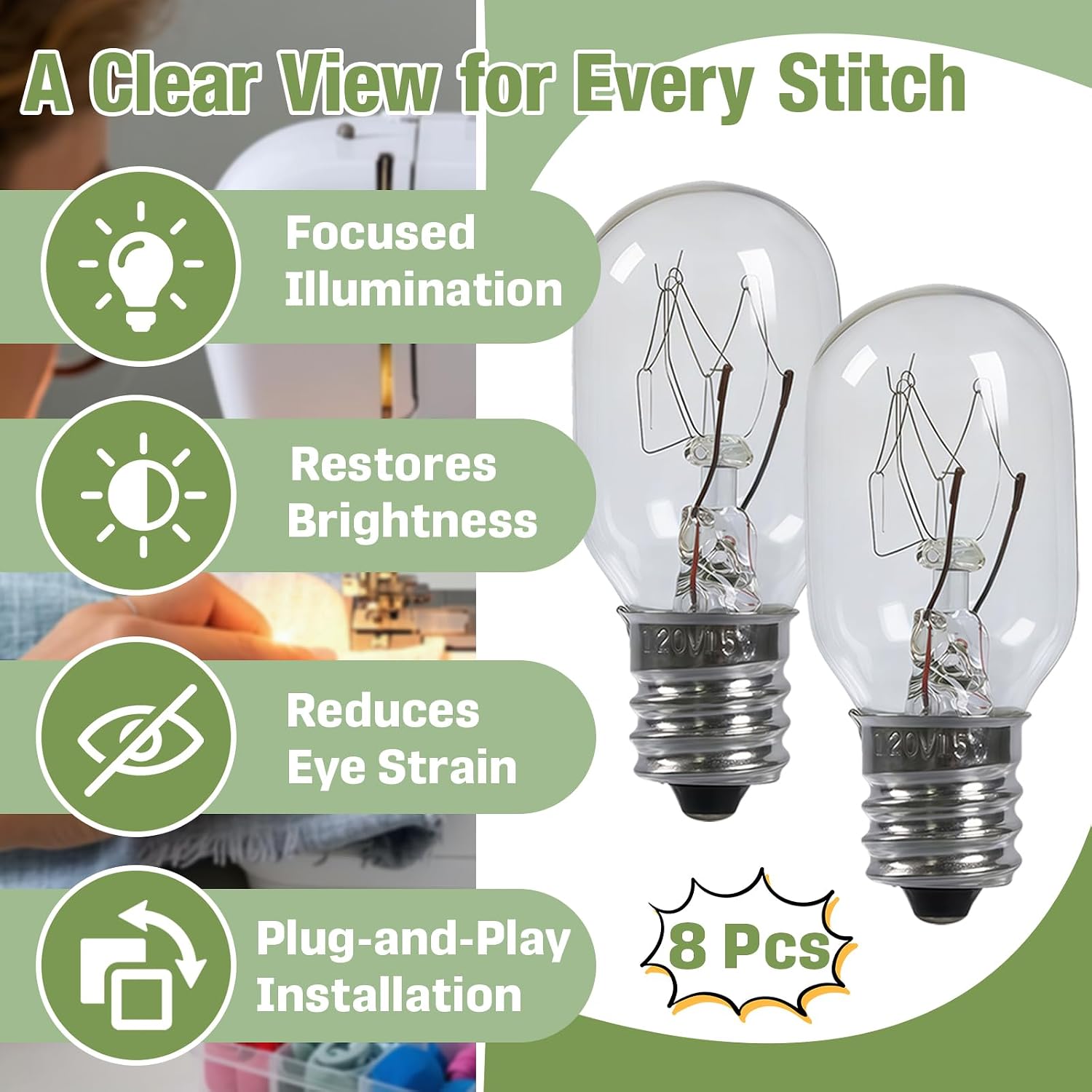 8 Pcs #7SCW 15W 120V Sewing Machine Light Bulb Compatible with Brother/Janome/Babylock/Singer/Kenmore Sewing Machines, Sewing Machine Accessories