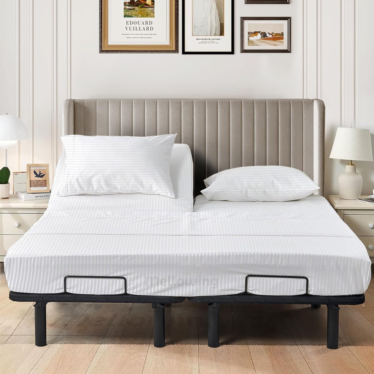 Mellowing Split Head Flex 800 TC King Sheet Sets for Adjustable Beds-Split Top King Sheets for Sleep Number Bed - 100% Egyptian Cotton 4 Pc Sheet Set (18" Deep, King 34"- Dark Grey Stripe)