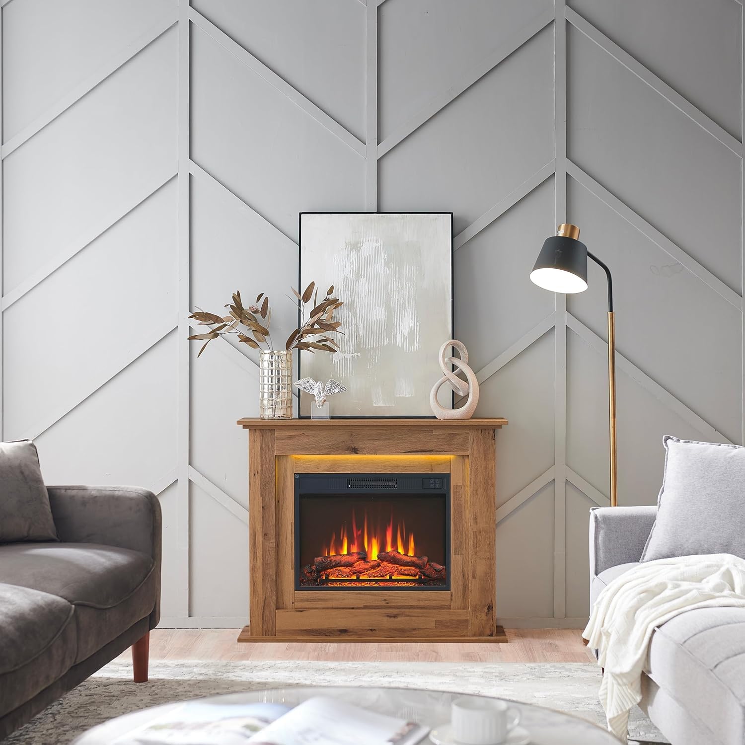 Foyer électrique BALDERIA Finn – Foyer au Sol, Effet Flamme 3D, éclairage d’Ambiance LED, Chauffage 2000 W, minuterie, Thermostat, Commande de démarrage, vitre Ouverte, télécommande – chêne foncé