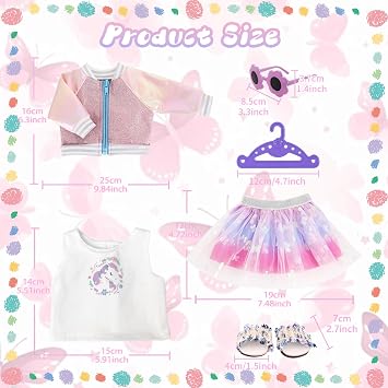 Doll Clothes for 14-18 Inch Baby Dolls 6 Pieces Pink Pony Clothing Outfits with Cartoon Top Ombre Tulle Skirt Sequin Jacket Sunglasses Hangers Slippers Baby Dolls 35-46 cm Clothing