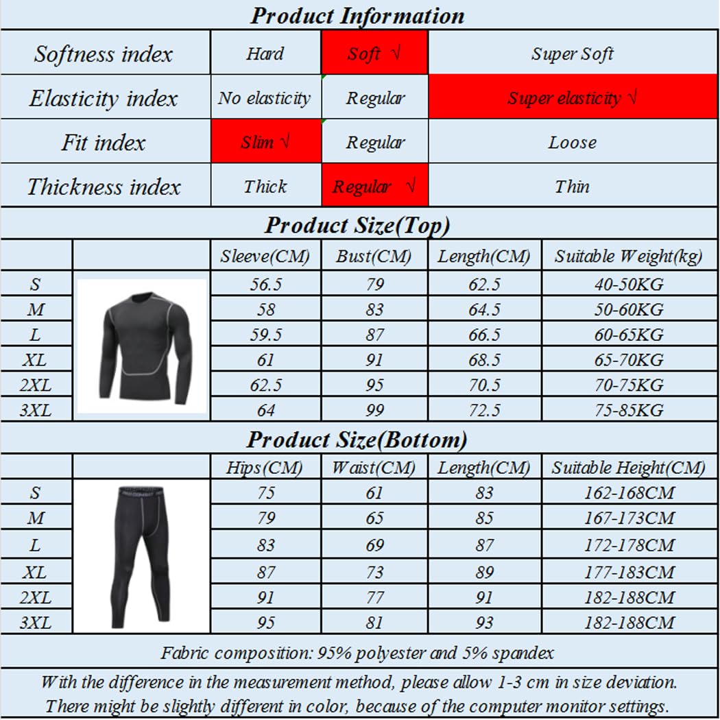 Ensemble de sous-Vêtements Thermiques Homme, Base Layer Maillot et Pantalon Chaud Ensemble de Thermique Homme pour L'entraînement Ski Running Randonnée