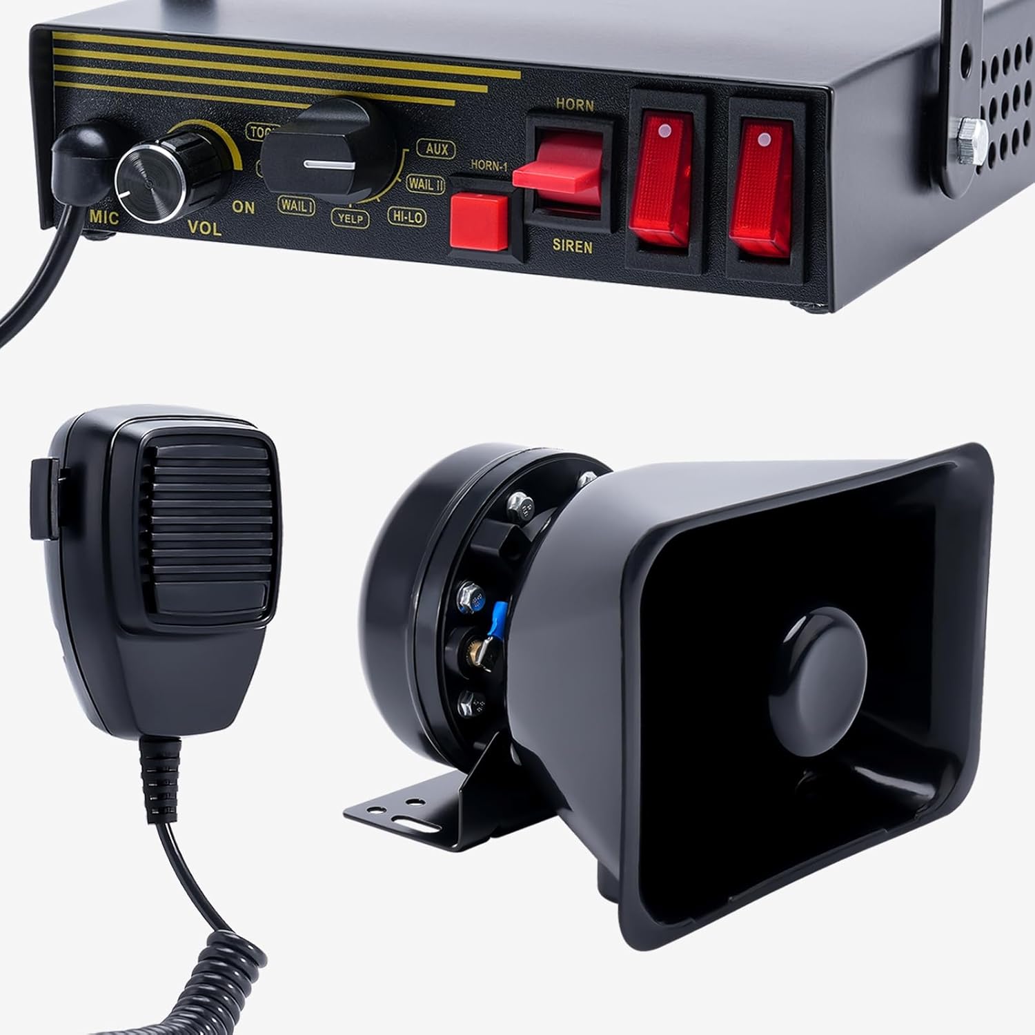 200W 12V 9 Tone Emergency Police Siren System, Rectangle Speaker Horn, Handheld Microphone, for Emergency Vehicles Truck Firefighters Ambulance