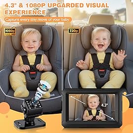 Zacro 1080P Baby Car Mirror Camera for Rear Facing Seat, USB/Type-C Port 4.3 Backseat Headrest Carseat Camera Monitor with HD Night Vision for Baby Safety in Car, 150 Wide View Angle, 360 Rotatable
