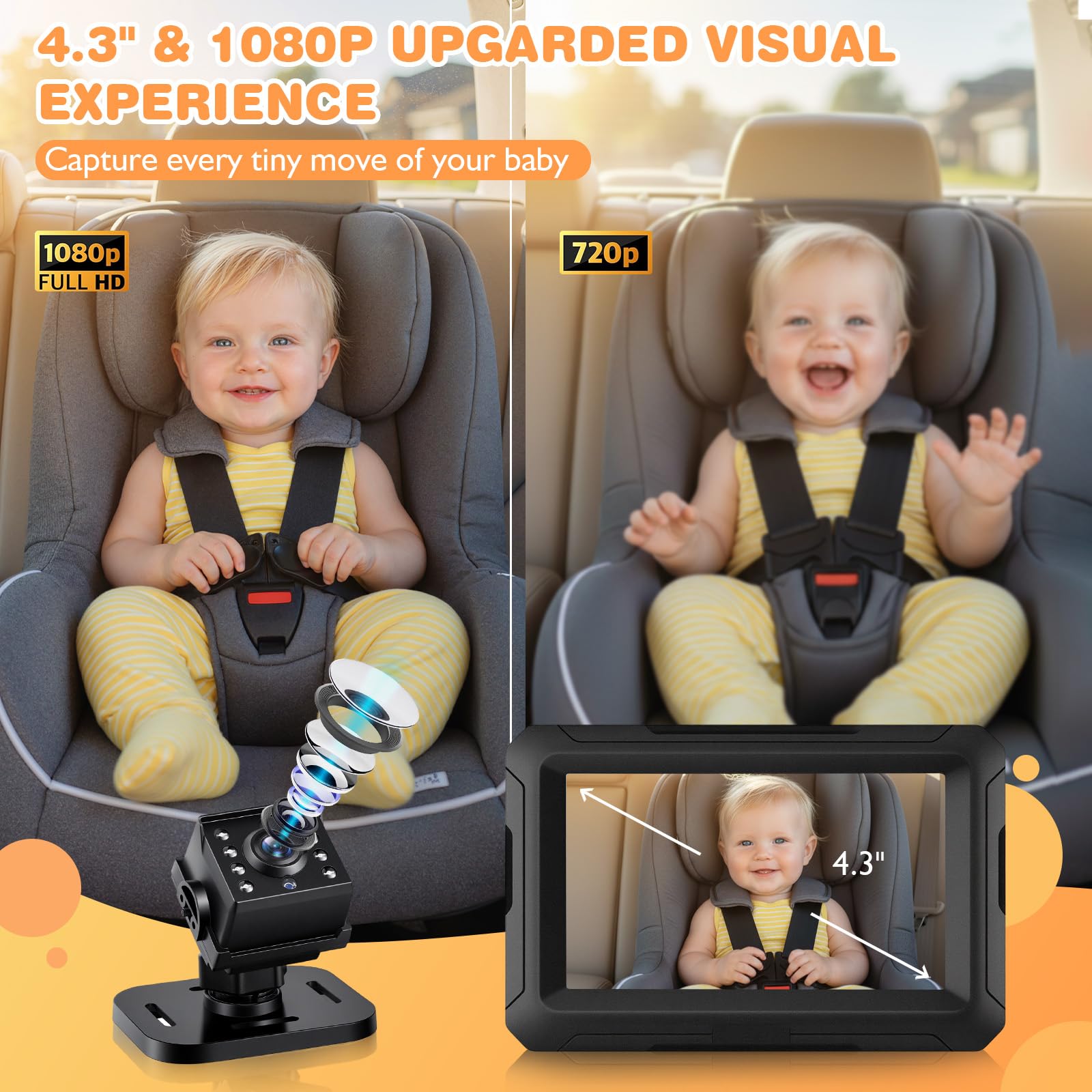 Zacro Baby Car Camera HD 1080P, Baby Car Mirror 4.3'' Display for Rear Seat with Night Vision Function Wide View Angle - Image 3