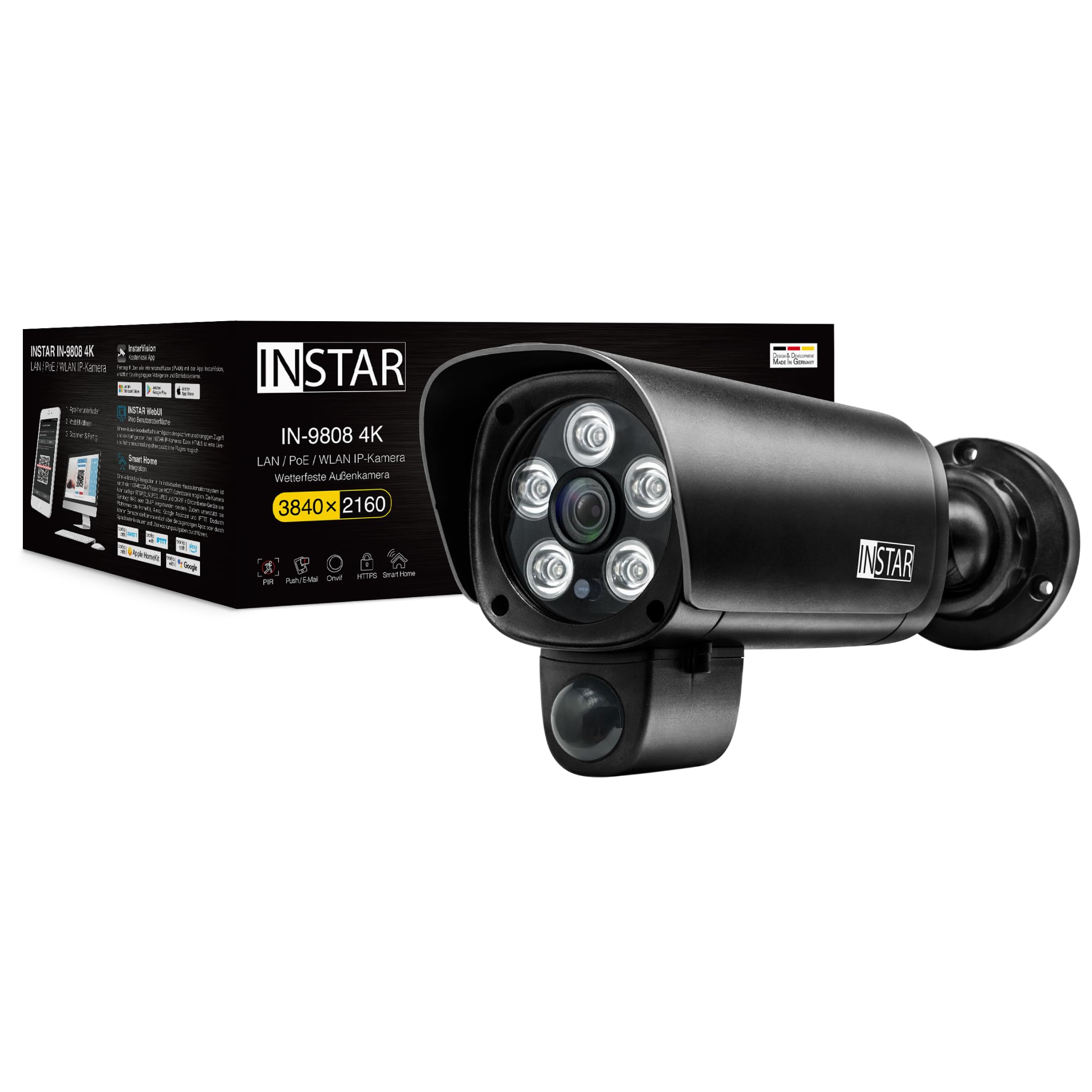 INSTAR IN-9808 4K IP Überwachungskamera außen schwarz, LAN/WLAN/PoE, HomeKit Kamera, AI-Personenerkennung, PIR-Sensor, IR-Nachtsicht, MQTT, WPA3, NDAA/TAA-konform
