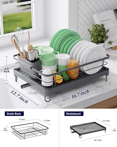 Miniatura 19 de Kitsure Escurridor de platos para encimera de cocina, artículos esenciales de organización y almacenamiento de fregadero de acero inoxidable con Gris