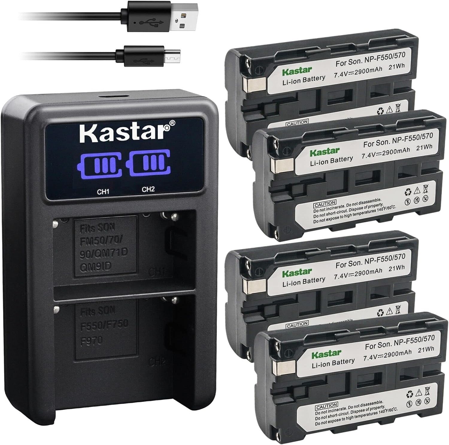 Kastar 2-Pack NP-F570 Battery and LED2 USB Charger Compatible with Neewer F100 F200 FW568 FW600 FZ200, Video Assist 3G-SDI/HDMI, SmallHD 503 702 703, Indie 7, Cine 7 Field Monitor