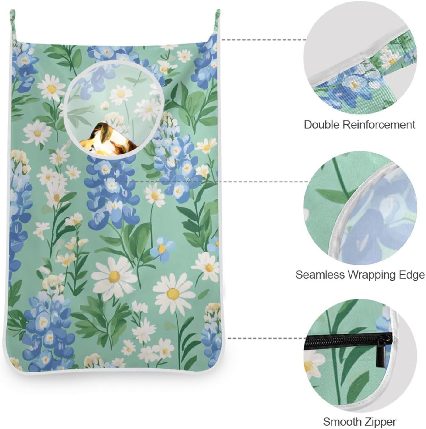 Mint Green Bluebonnet and Daisies Hanging Laundry Hamper Door Hampers Bag Basket with Stainless Steel Hooks Oxford Fabric Printing Decorative Clothes Bags 29.5X20inch 1Pack