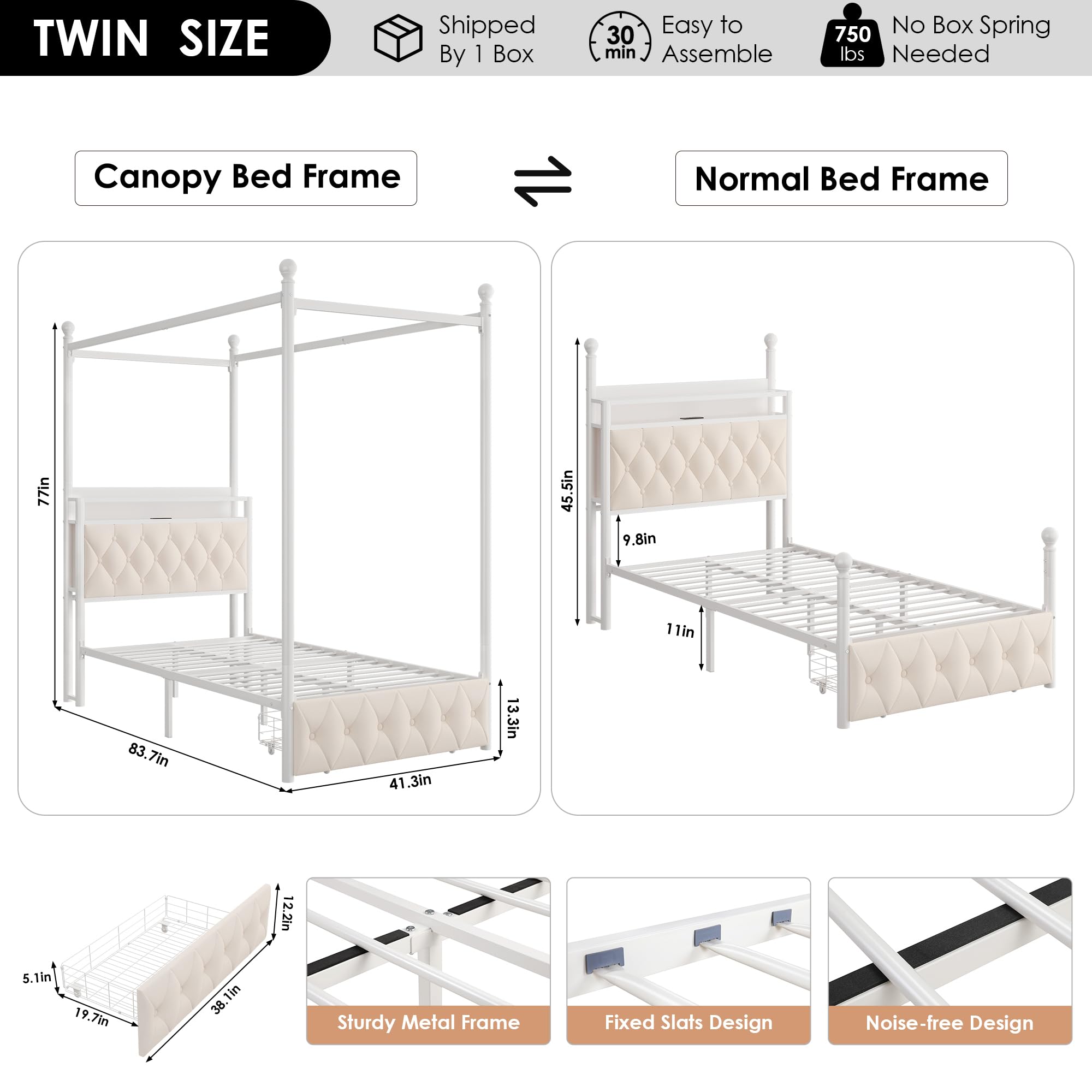 HIFIT Set of 2 Kids Twin Upholstered LED Canopy Bed Frame with Charging Station & Storage Drawer, Button Tufted Storage Headboard w/Bookshelf, Two-Use Girls Platform Bed frame w/4 Removable Post,Beige