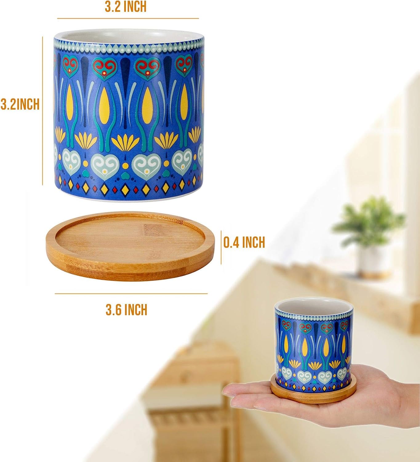 Dsben 3.2 Inch Succulent Plant Pots, Small Mandala Style Flower Ceramic Planter Indoor with Bamboo Tray for Cactus, Herbs, Home, Set of 3 (Plants Not Included)