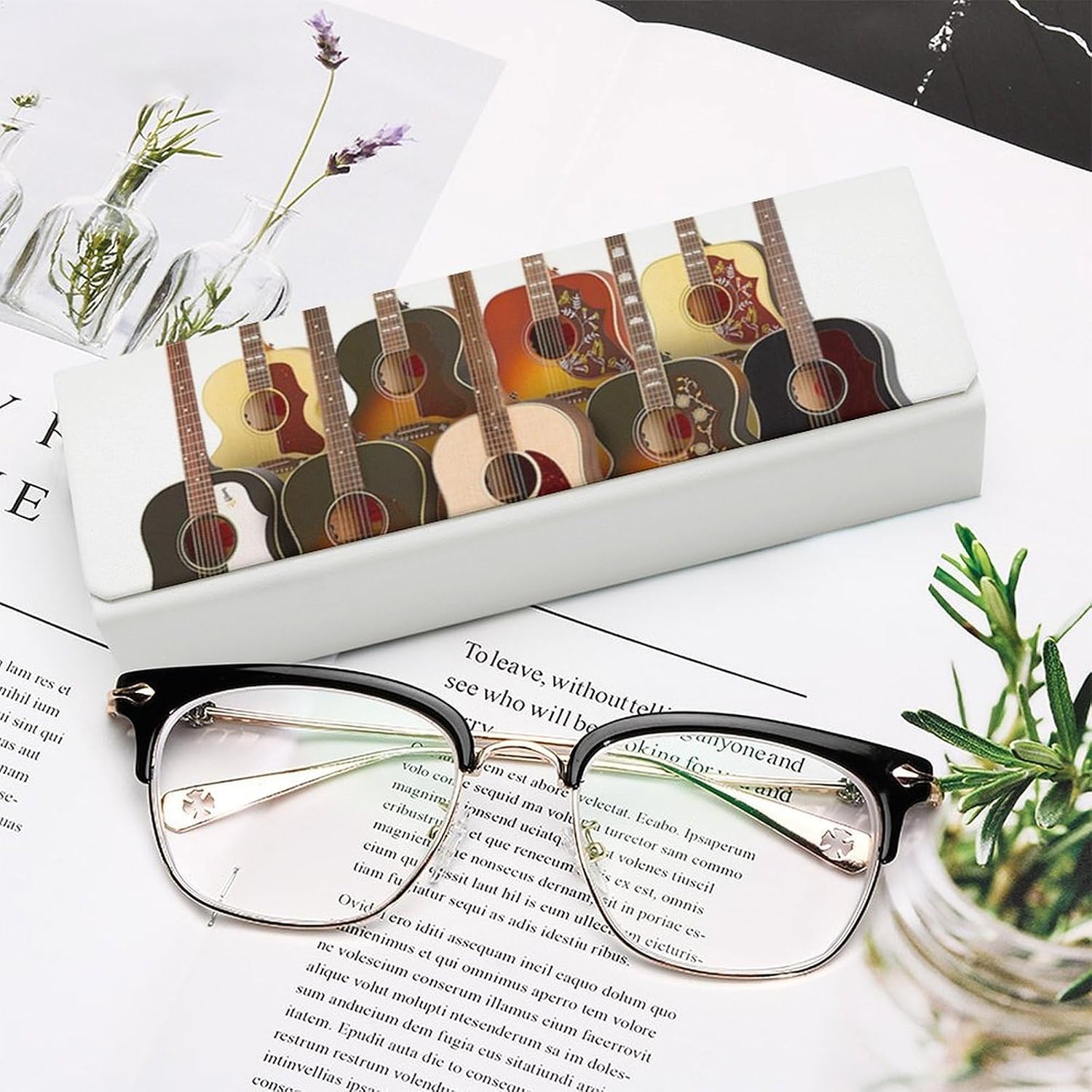 Guitar Eyeglass Case, Durable Convenient Spectacle Cases with Cleaning Cloth Leather Eyeglasses Storage Box for Sunglasses Man Women
