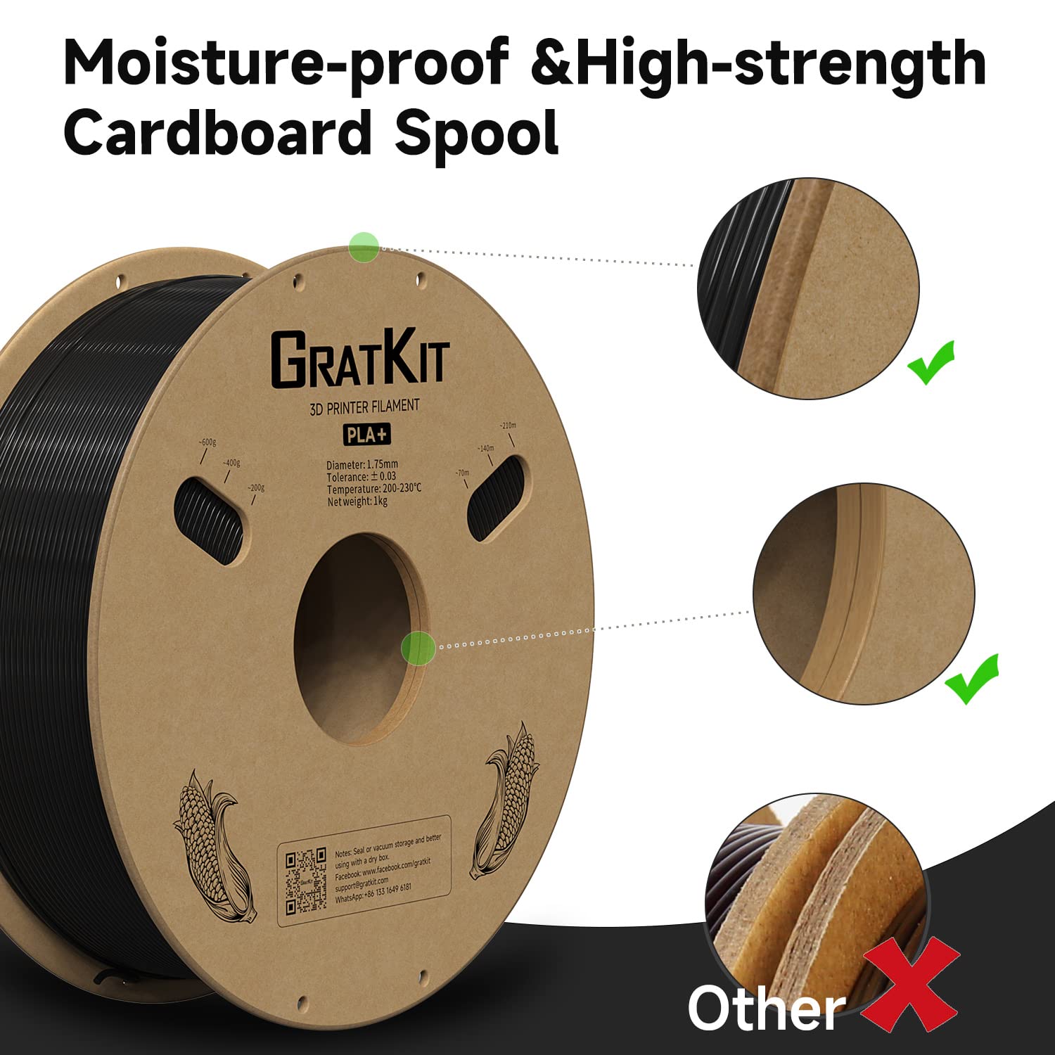 GratKit Filament PLA Plus 1,75 mm, filament do drukarki 3D, +/-0,03 mm, 1 kg, PLA+, czarny