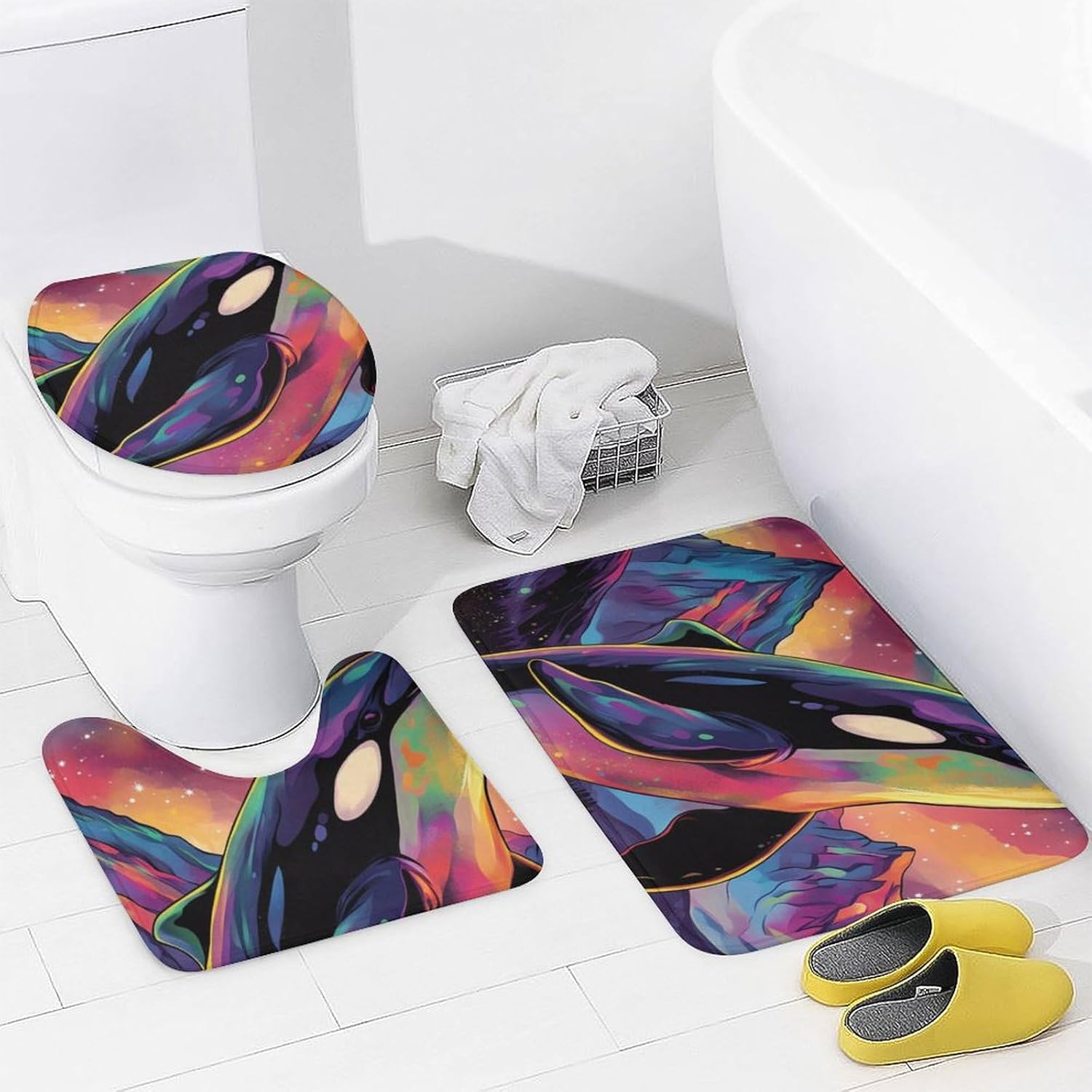 Fantasy Killer Whale Artistic Aurora Modern Bathroom Sets with Shower Curtain and Rugs Decor 4 Pcs with 12 Hooks