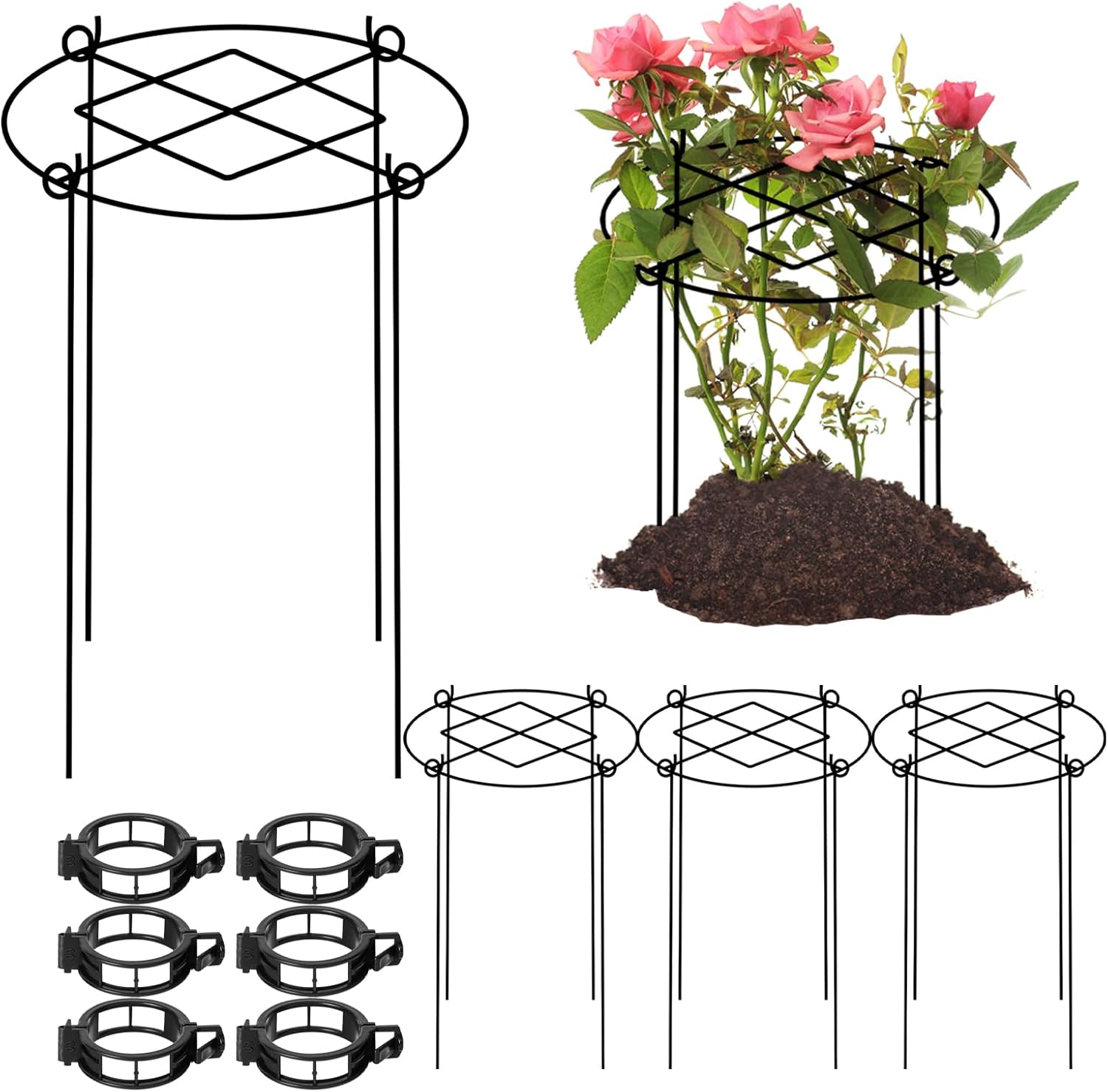 Peony Cages and Supports, 4 Packs Heavy Duty Metal Plant Support, 11.5" Dx16 H Rust-Proof Grow Through Flower Cage, Adjustable Ring for Tomatoes, Hydrangeas, Strawberries & Perennial Flowers