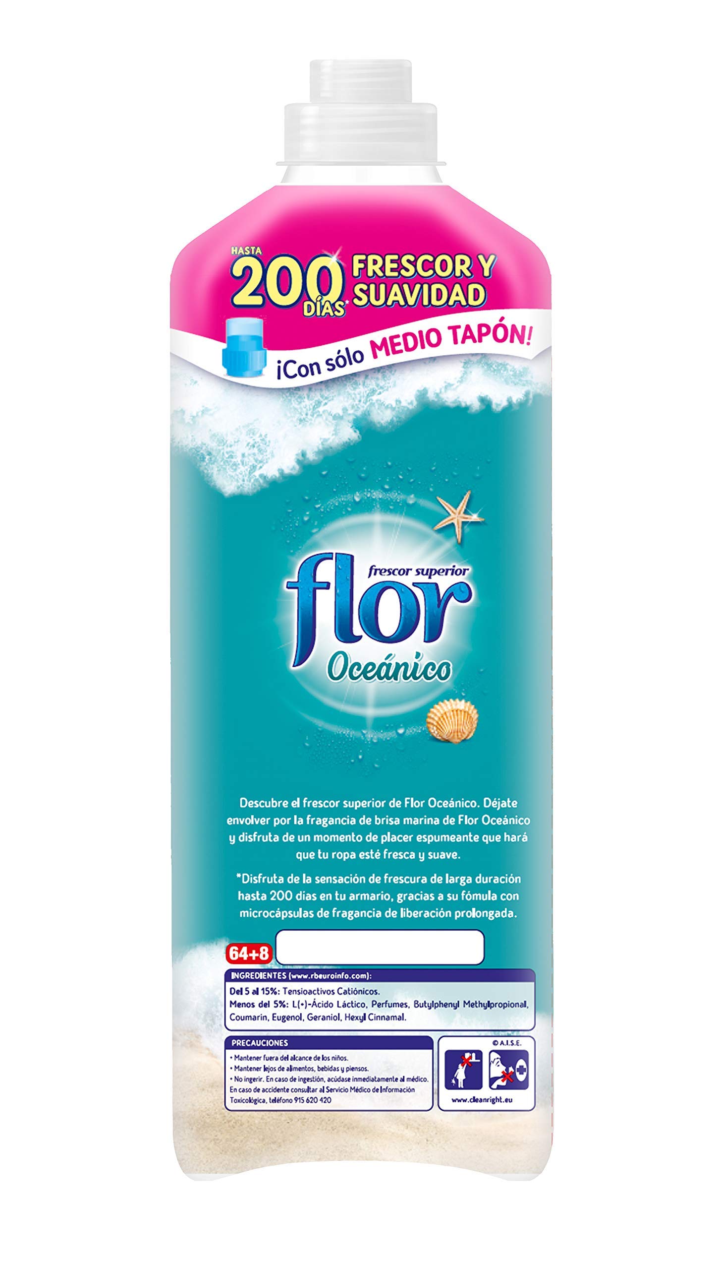 Flor - Suavizante para la ropa concentrado, aroma frescor oceánico - Pack de 8, hasta 624 dosis