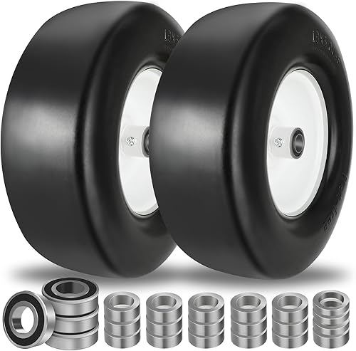 2 PCS Upgrade 13x5.00-6 Flat Free Lawn Mower Tire and Wheel with 34" & 58" Grease Bushing, Zero Turn Mower Front Solid Tire Assembly for Commercial