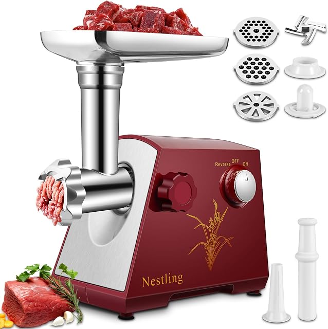 Nestling® 2800 Watt Electric Meat Grinder, Stainless Steel Meat Mincer & Sausage Stuffer, 3 Different Cutting Plates, Sausage & Kubbe Kit Included, Home & Commercial Use (Red)