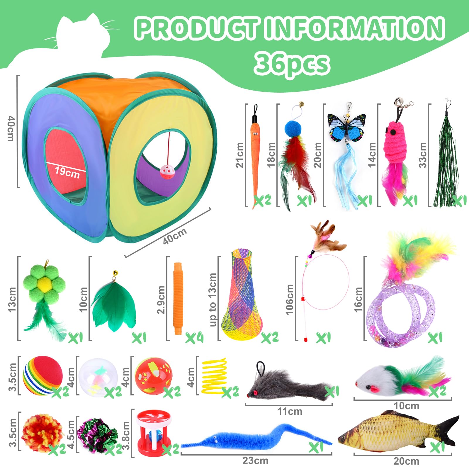 Juguetes para Gatos,38pcs Juguete Interactivo para Gato,Juguetes Gatos con Túnel para Gatos,Ratones,Varita de Plumas,Peces,Bolas y Campanas