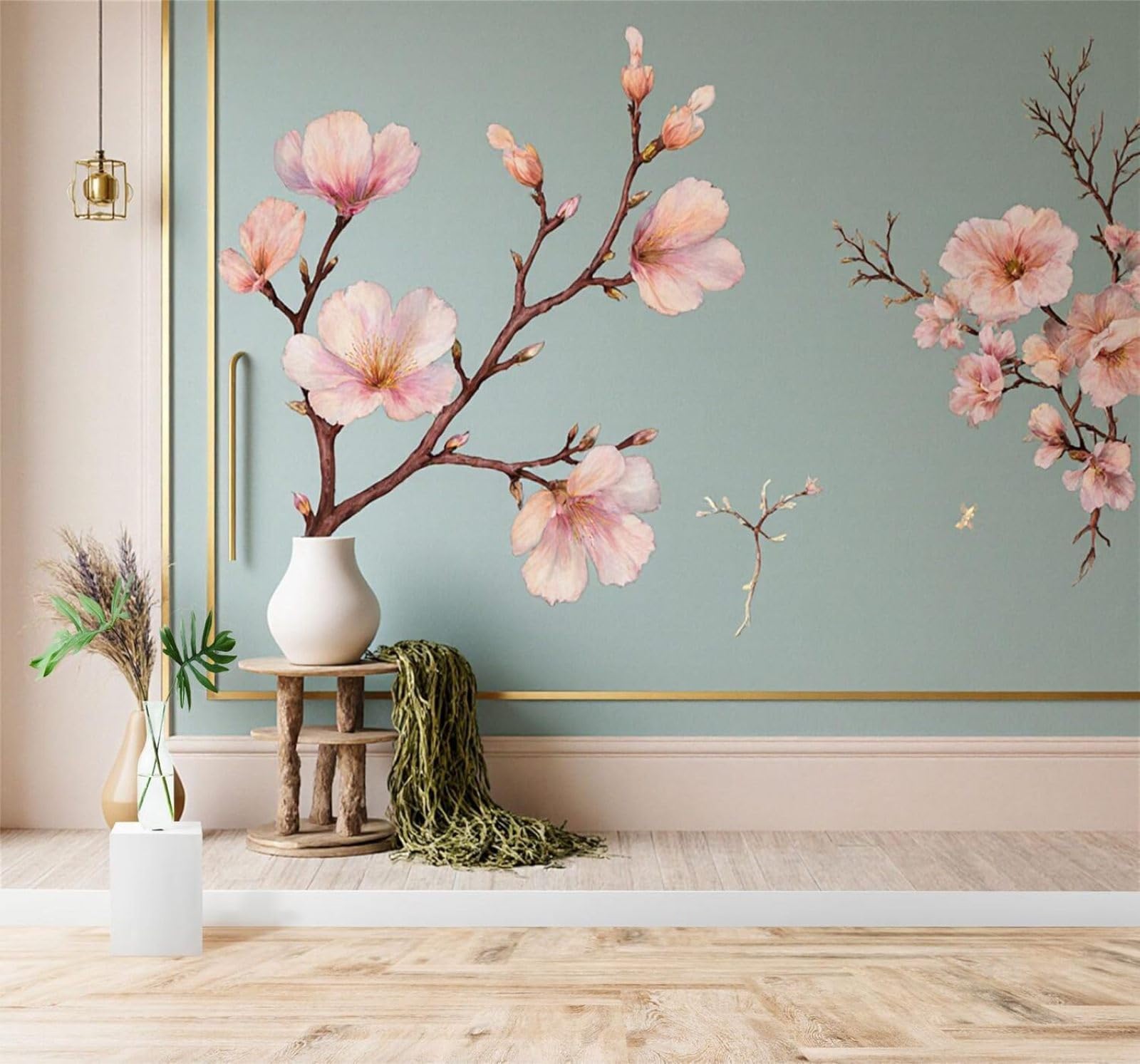 XLMING Fresh Blue Green Pink Cherry Blossoms Branches Art 3D Wallpaper Silky Texture Home Study Office Grey Dining Room Sofa Bedroom Living Room TV Backdrop-400cm×280cm