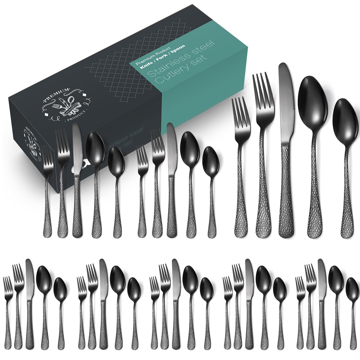 OLSKFUH Cutlery Flatware Cutlery Set, 40-Piece Set Stainless Steel Creative Steak Knives, Forks And Spoons With Hammered Handles In Gold Color,Black