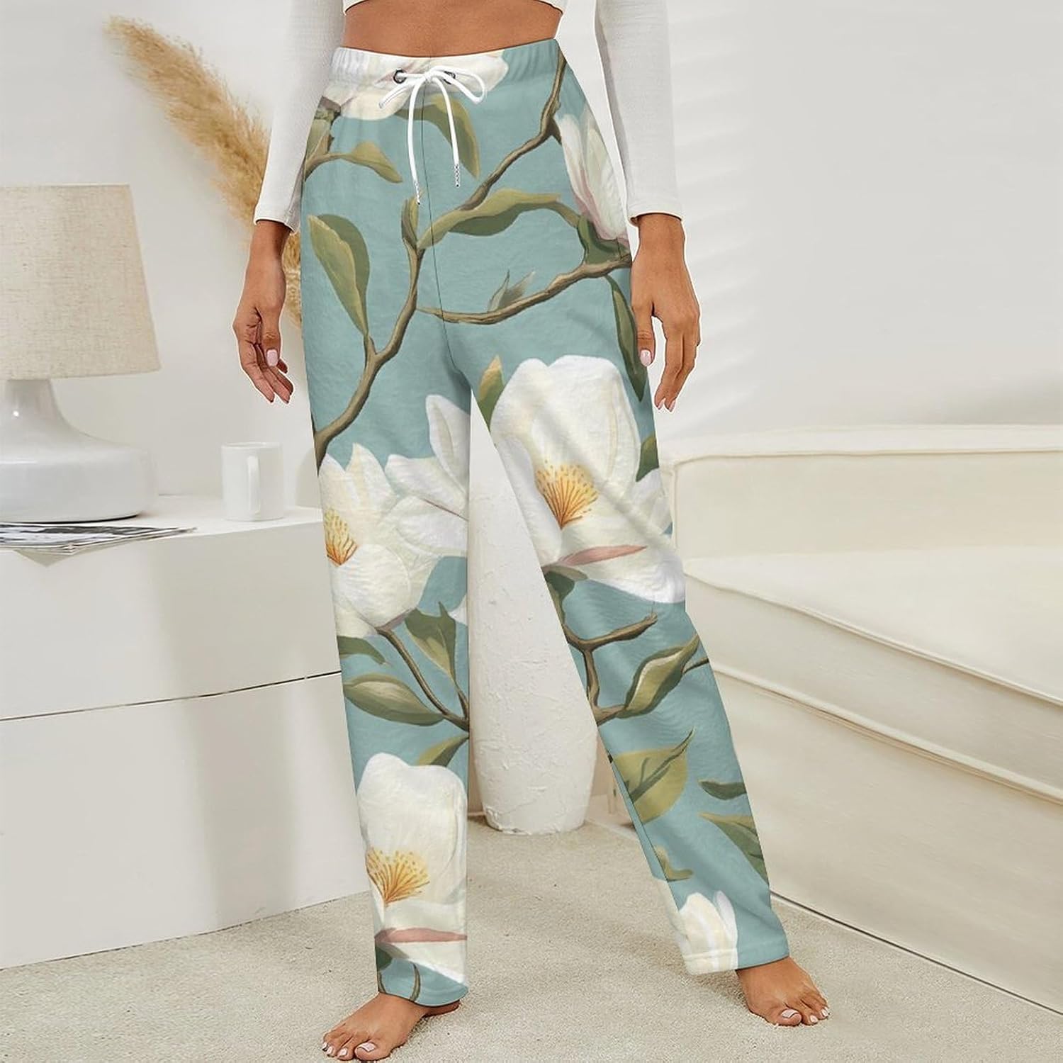 Magnolia Flower Women's Pajama Bottoms Flannel Sleepwear Pants Elastic Waist Loose Lounge Trousers
