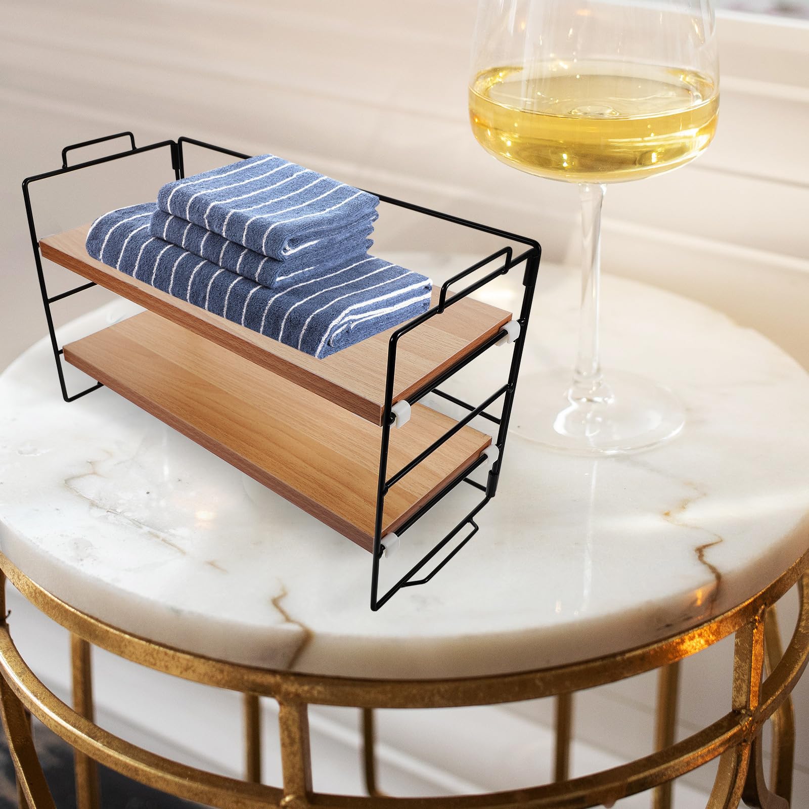 CHILDWEET Organizer Trucchi da Appoggio, Organizer Cosmetici 2 Livelli in Ferro e Legno, per Bagno e Toeletta, per Cosmetici e Articoli da Toilette