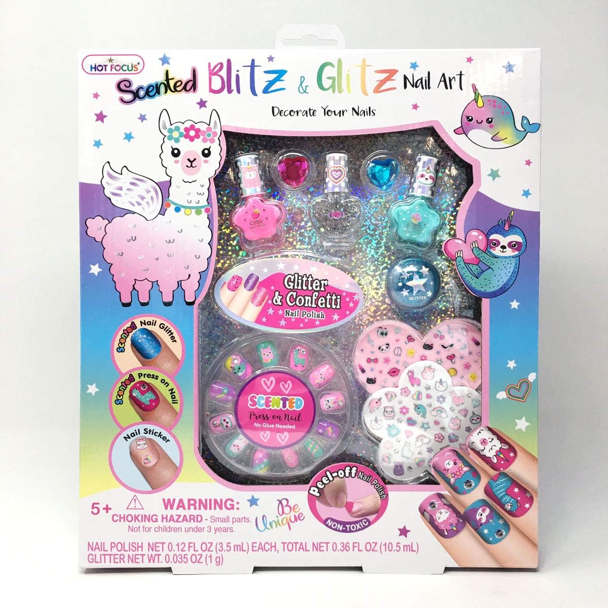 Hot Focus 035SRMF Scented Blitz and Glitz Nail Art Llama - 3 Nail Polishes, 12 Press on Nails, 1 Jar of Glitter, White/Silver/Irridecent/Pink/Blue