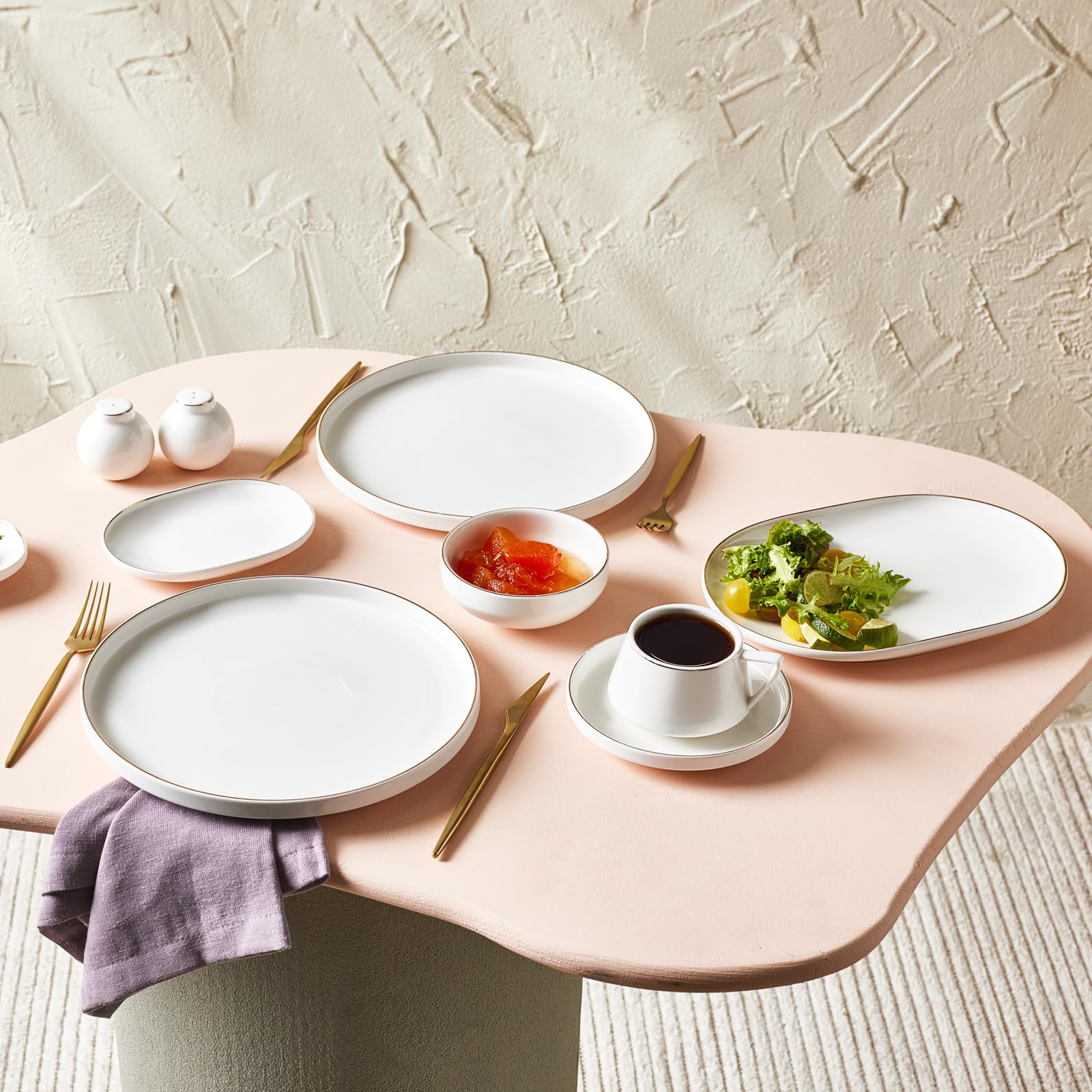 Karaca Meridian Breakfast Set for 6 People - 34-Piece Crockery Set with Plates and Bowls Set, New Generation Bone China, Round Serveware Set & White Gold Dinner Set