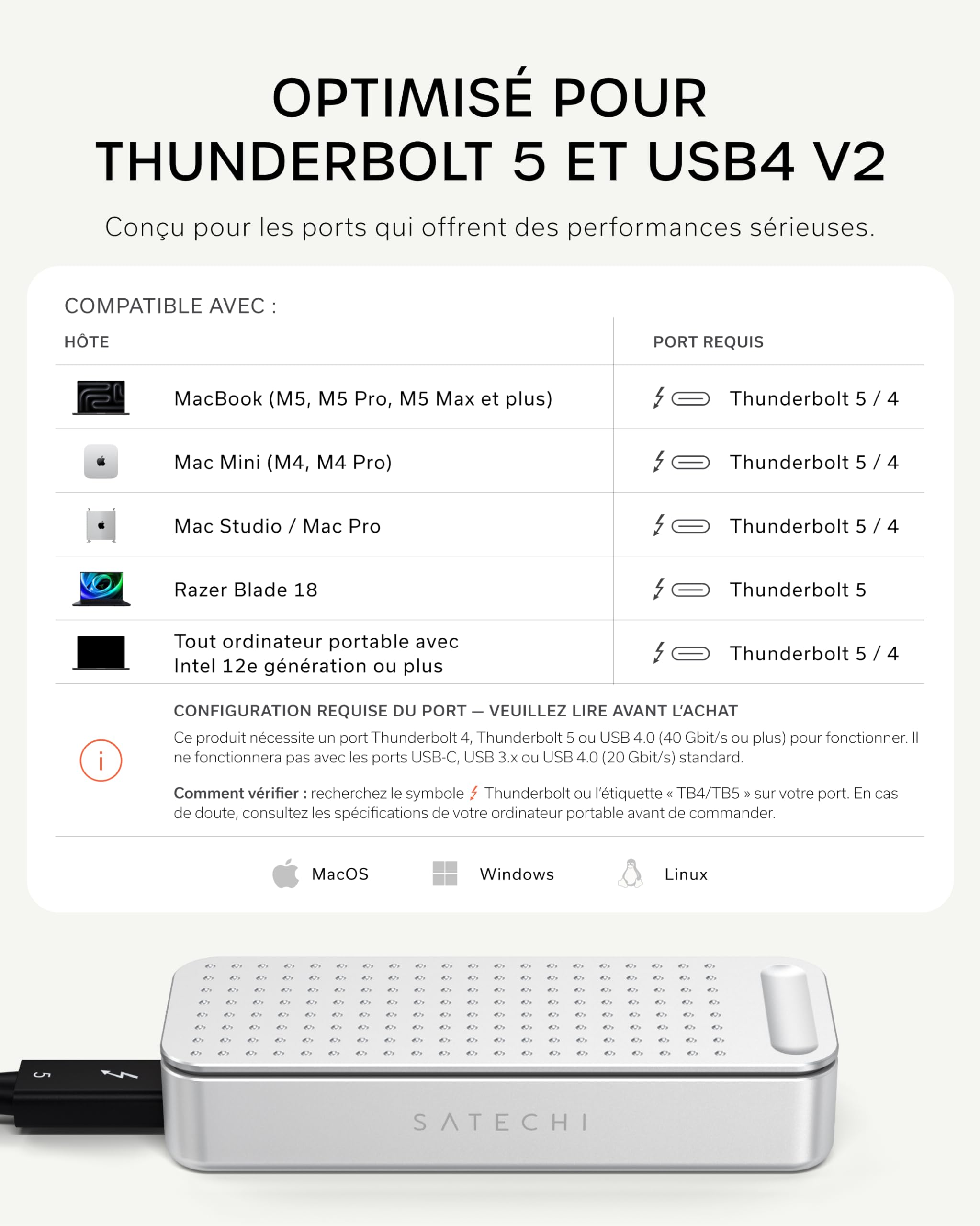 SATECHI DotDisk™ Boîtier SSD M.2 NVMe 80Gbps, USB4 V2 en Aluminium avec Refroidissement Actif, Transfert Ultra Rapide pour Thunderbolt 5 et USB4 – Argent