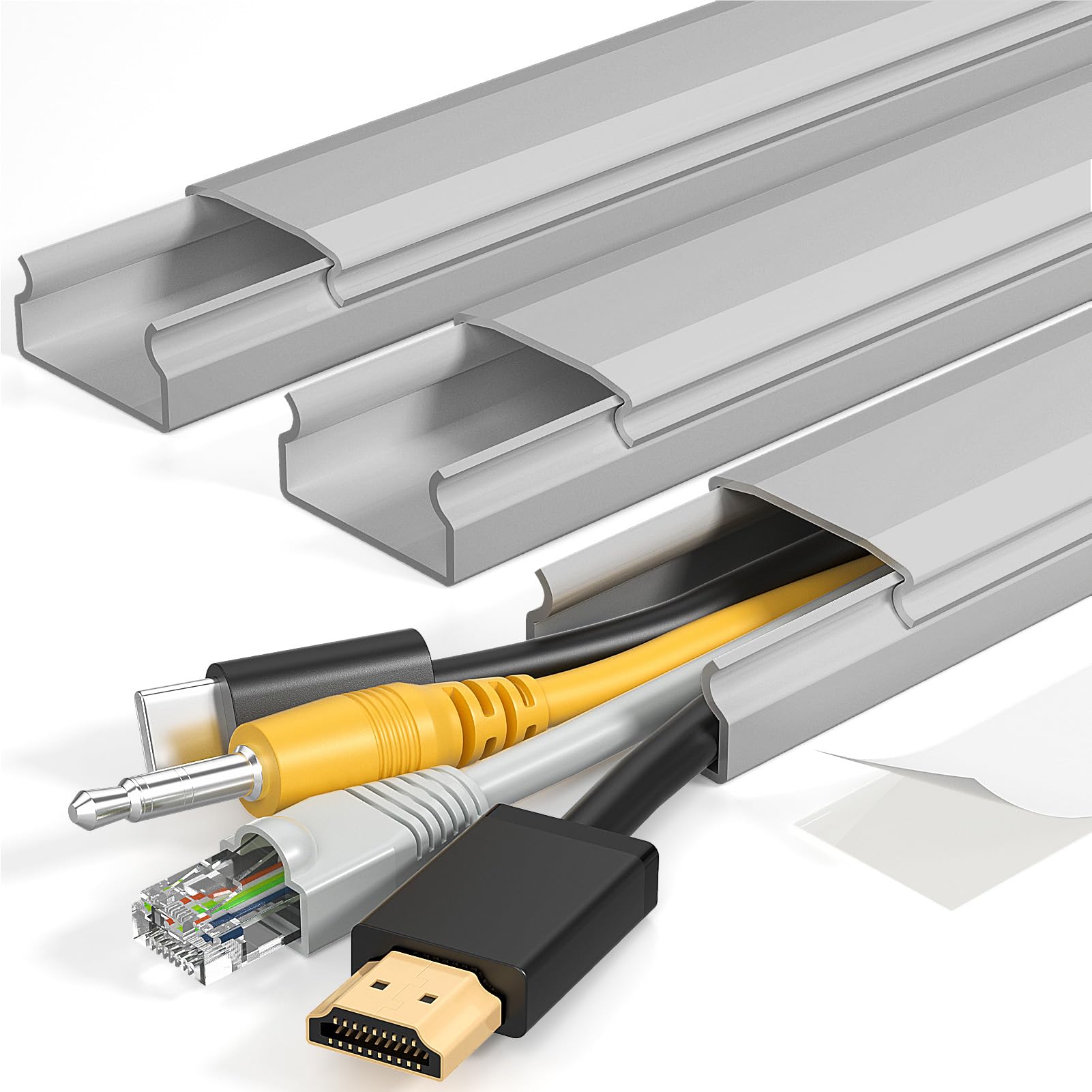 Yecaye Nasconditore per cavi TV, 106 cm, grande, grigio, coperture per 4 cavi, nascondicavi per TV a parete, correttore per canalina cavi, larghezza 3,5 cm altezza 0,6 cm, grigio