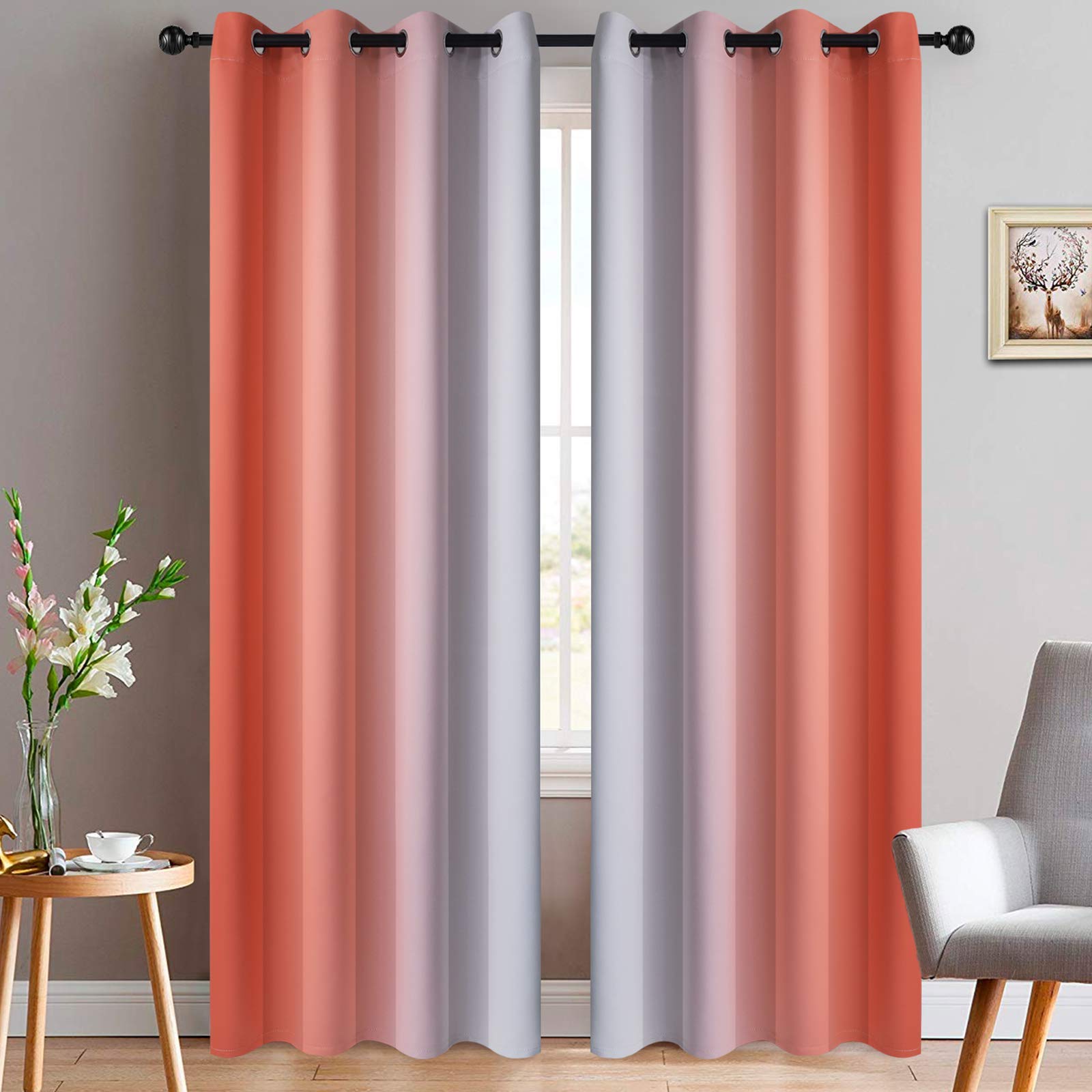 Yakamok Light Blocking Ombre Curtains, Greyish White and Coral Gradient Color Curtains with Grommet,Room Darkening Window Drapes for Bedroom (52x84 Inch, 2 Panels) โ image 1